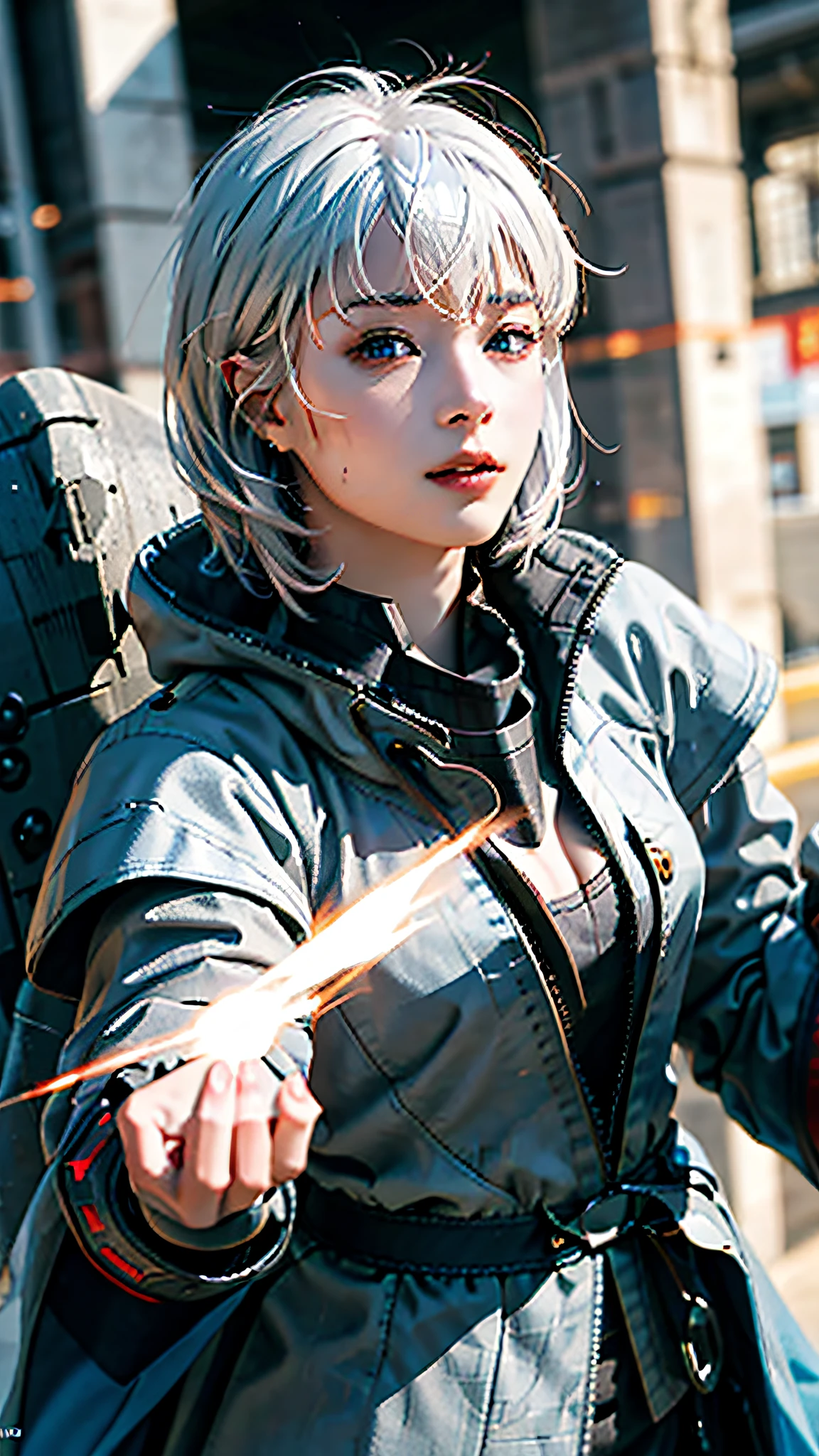 Official Art, Unity 8k Wallpaper, Ultra Detail, Masterpiece, Best Quality, One Woman, (Very Detail), Dynamic Angle, Mystical Expression, Fire Glowing Effect, Fantasy Background, Rim Lighting, Side Light, Cinematic Light, Ultra High Definition, 8k UHD, Film Grain,Best Shadow, Delicate, RAW, Light Particles, Detailed Skin Texture, Detailed Gem Armor Texture, Detailed Face, Complex detail, super detailed, bright, strong, red armor, cleavage, holding glowing weapons, holding a shield, pole dron, (((white hair)), shining brown eyes, long blue cloak, fantasy, (realistic),