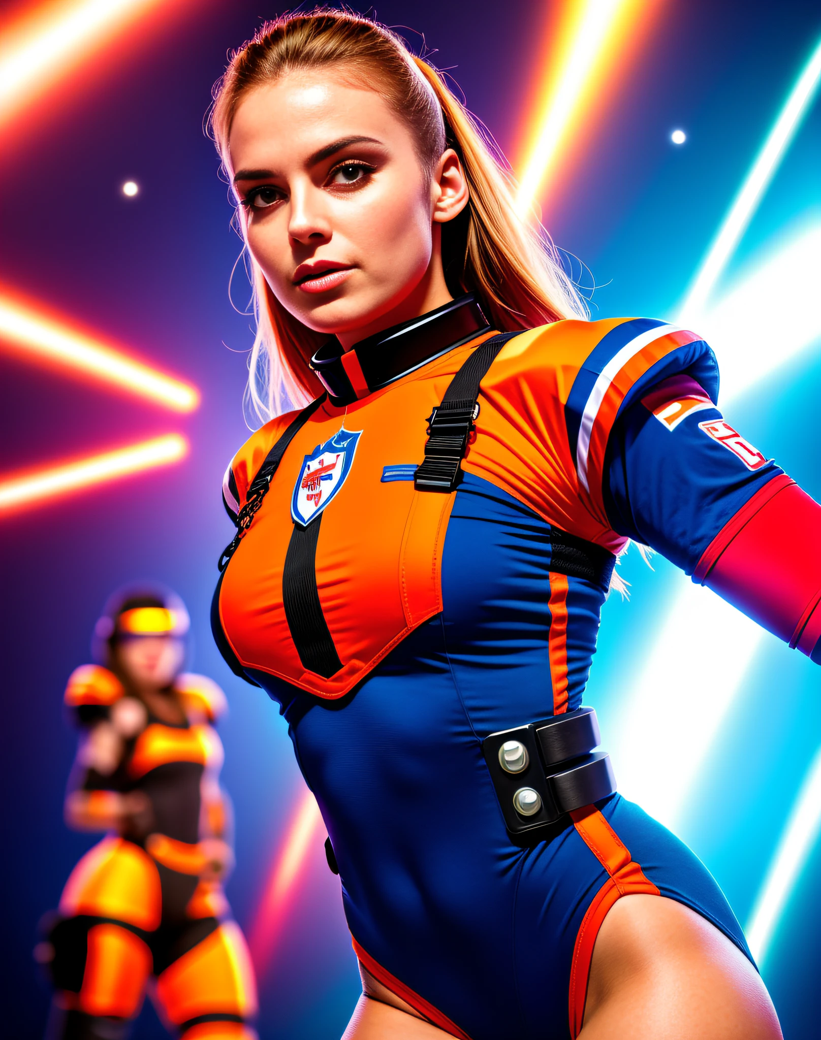 arafed woman in a space football uniform, body harness, collar, futuristic, football player, athletic fashion photography, nfl,  superbowl