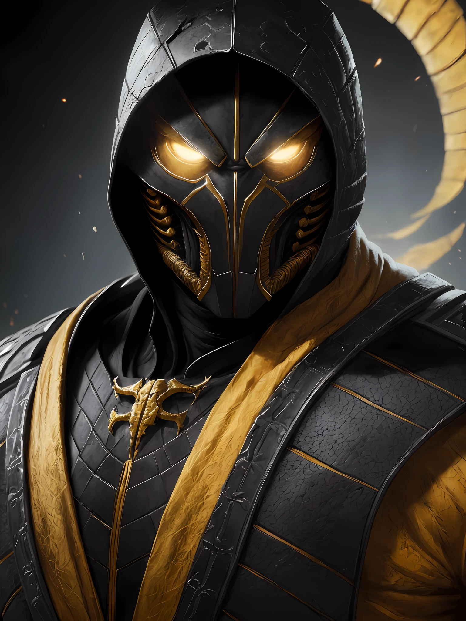 a portrait, scorpion from mortal kombat, detailed white eyes, bladk anc yellow armor, hood, veins on his arm, Intricate, High Detail, Sharp focus, dramatic, photorealistic painting art by greg rutkowski