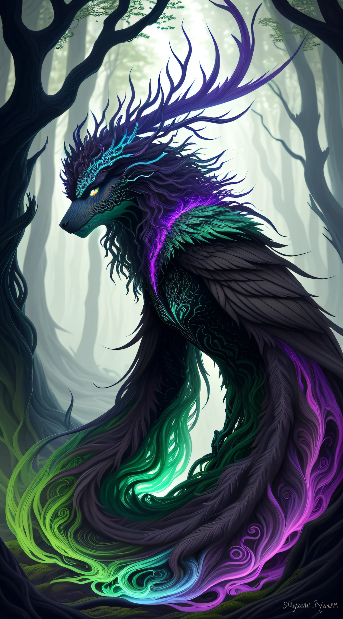 Hello, IA! Please create a Dark creature, Sylvan, the Guardian of the Forests
. Explore your creativity to portray this mystical and imaginary creature. Play with vibrant colors, unique shapes and intriguing textures to make the image unique and engaging. I'm excited to see your artistic interpretation of the Dark creature, Do Sylvan, the Guardian of the Forests