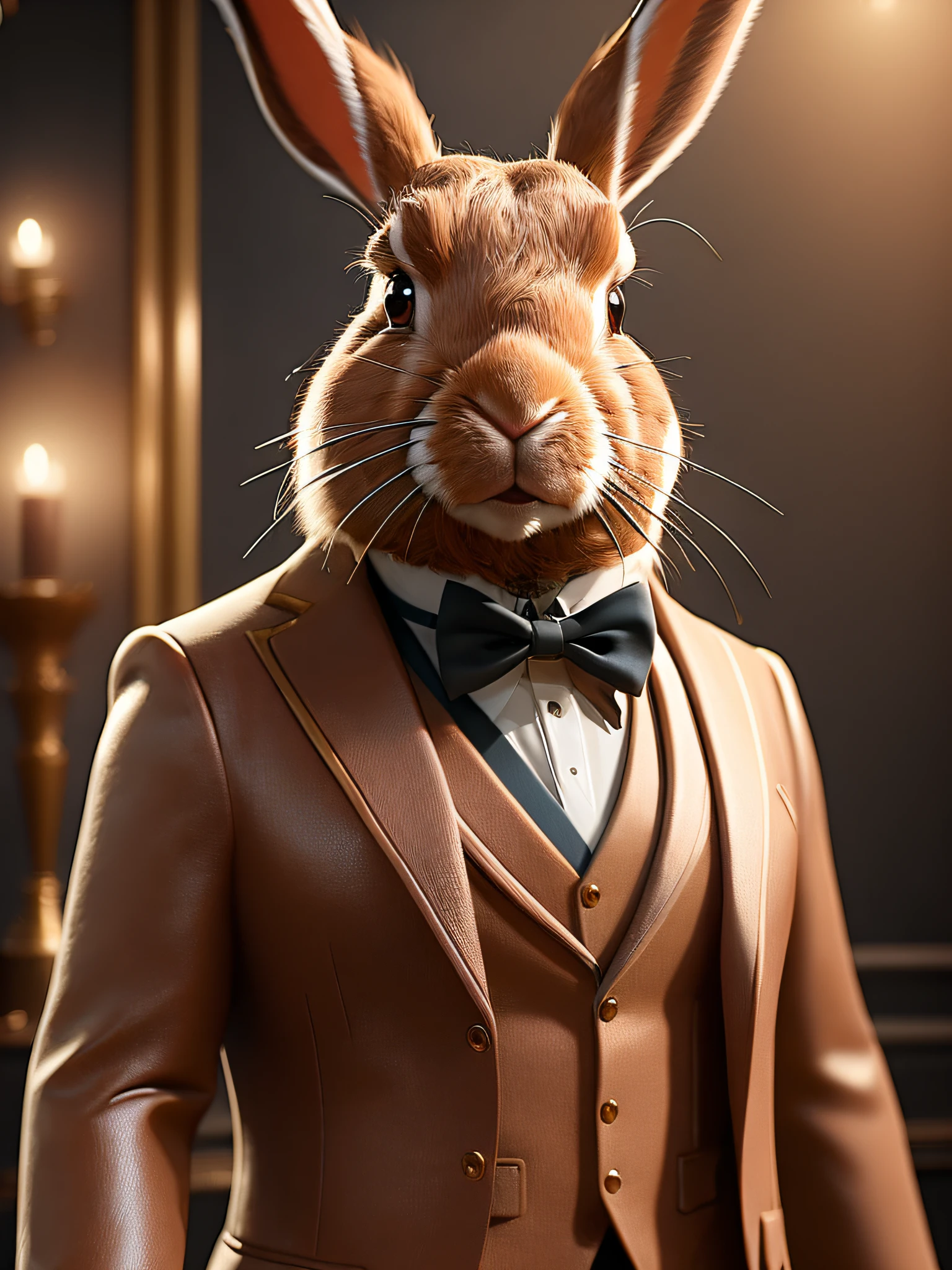 (Best quality),(masterpiece),(ultra detailed),(high detailed),(extremely detailed),rabbit in a suit, vray, 8k, cinematic, photorealistic, intricate, extremely detailed, matte painting, cinematic, unreal engine 5, hyper detailed, volumetric lighting,