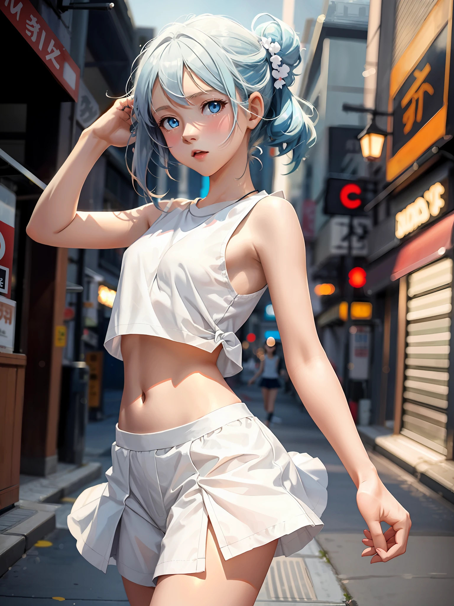 cute young anime girl in urban outfit, short white skirt, sleeveless white top, cropped, petite breasts, flat stomach, ((blue eyes)), , elegant cute pose with slight twist, looking to the side, trending on Studio Ghibli, trending on ArtStation