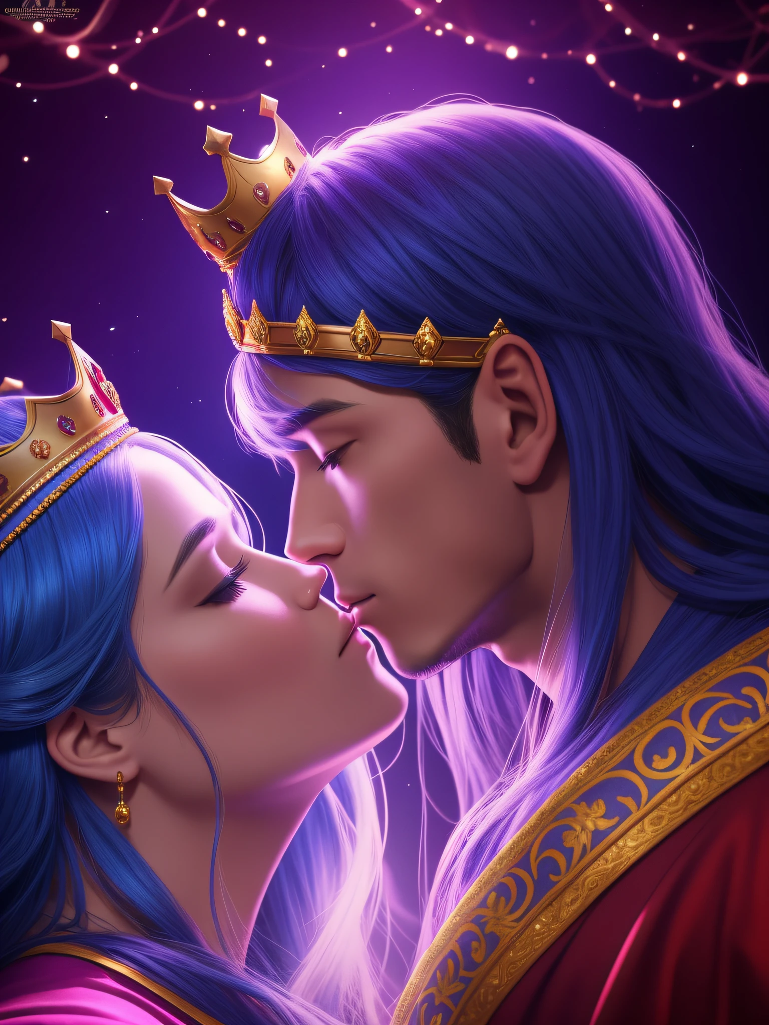 Imagine a king and Queen with King Crown and Queen wearing her Tiara dramatic lighting depth of field studio lighting high quality enchanting mood Couple Kissing in a fantasy background with trees and fairly lights and neon Lights 8k Resolution vibrant background high quality depth of field studio lighting cinematic lighting enchanting mood sharp focus