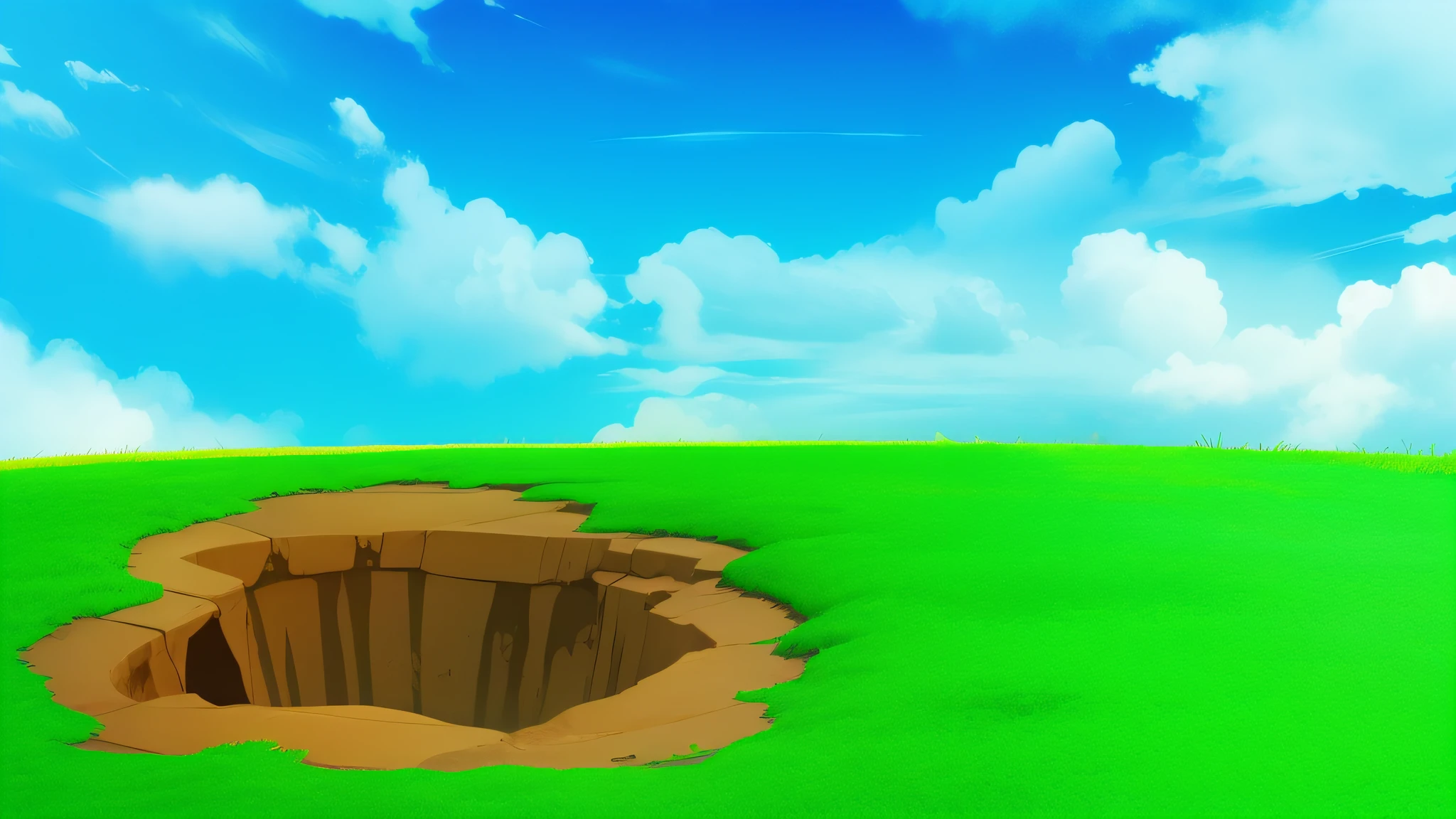 dirt hole in grass, blue sky --auto --s2