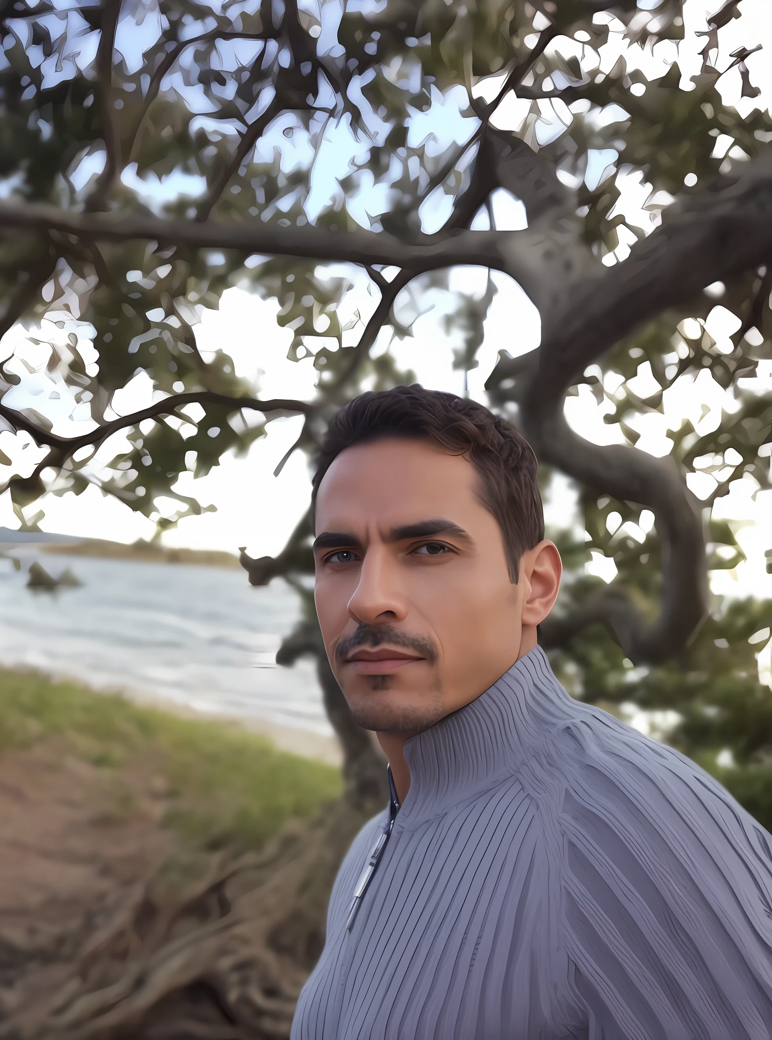 man in sweater in front of a tree, , with a tree in the background, milo, profile picture, profile picture, the, standing near the beach, pixar, futuristic style, iron man!