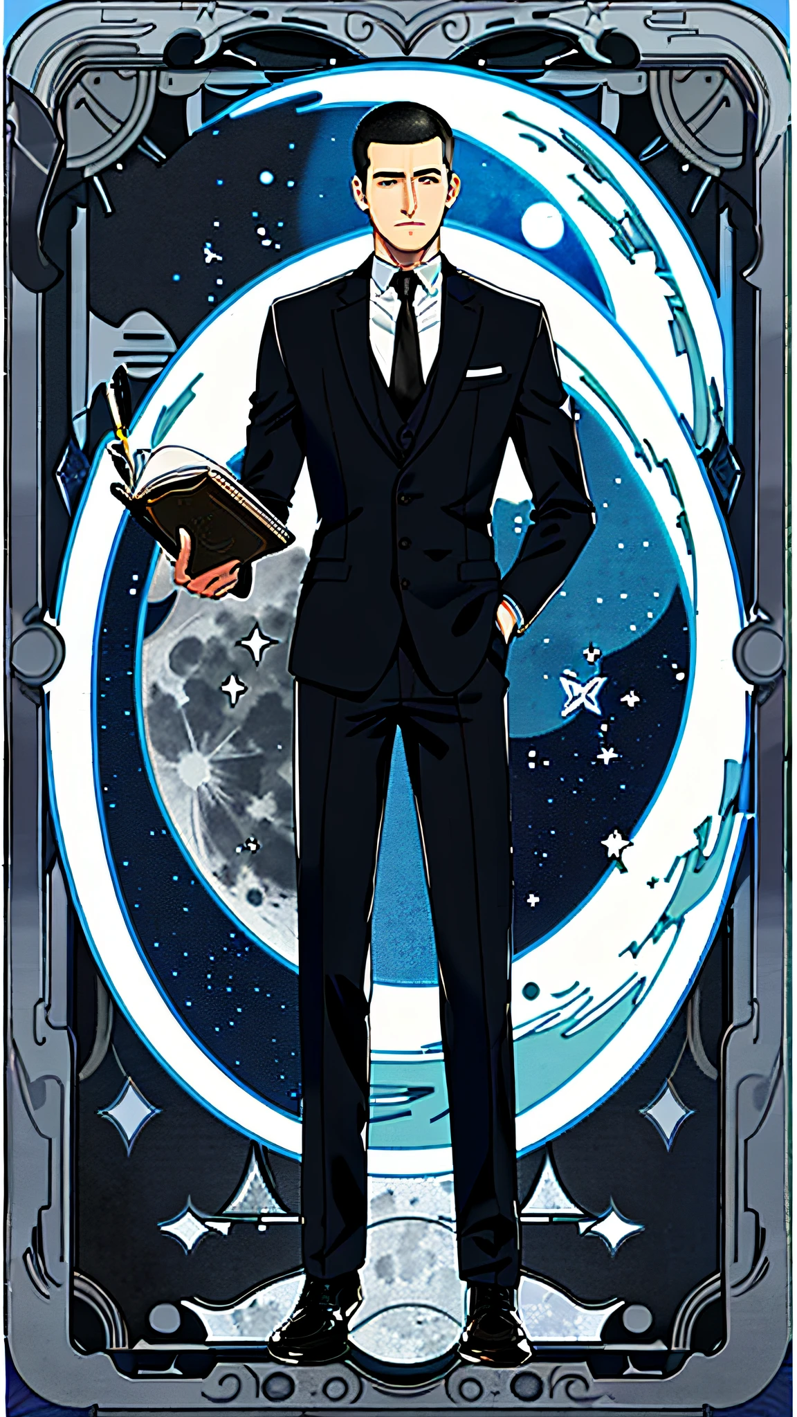 masterpiece, best quality, full body, card, 1 man, the moon, calm, clever, short hair, black hair, brush cut, standing, blue, night sky, purple, book, pen, buzz cut, black suit, royal, gentle, man, full moon, center, best pose