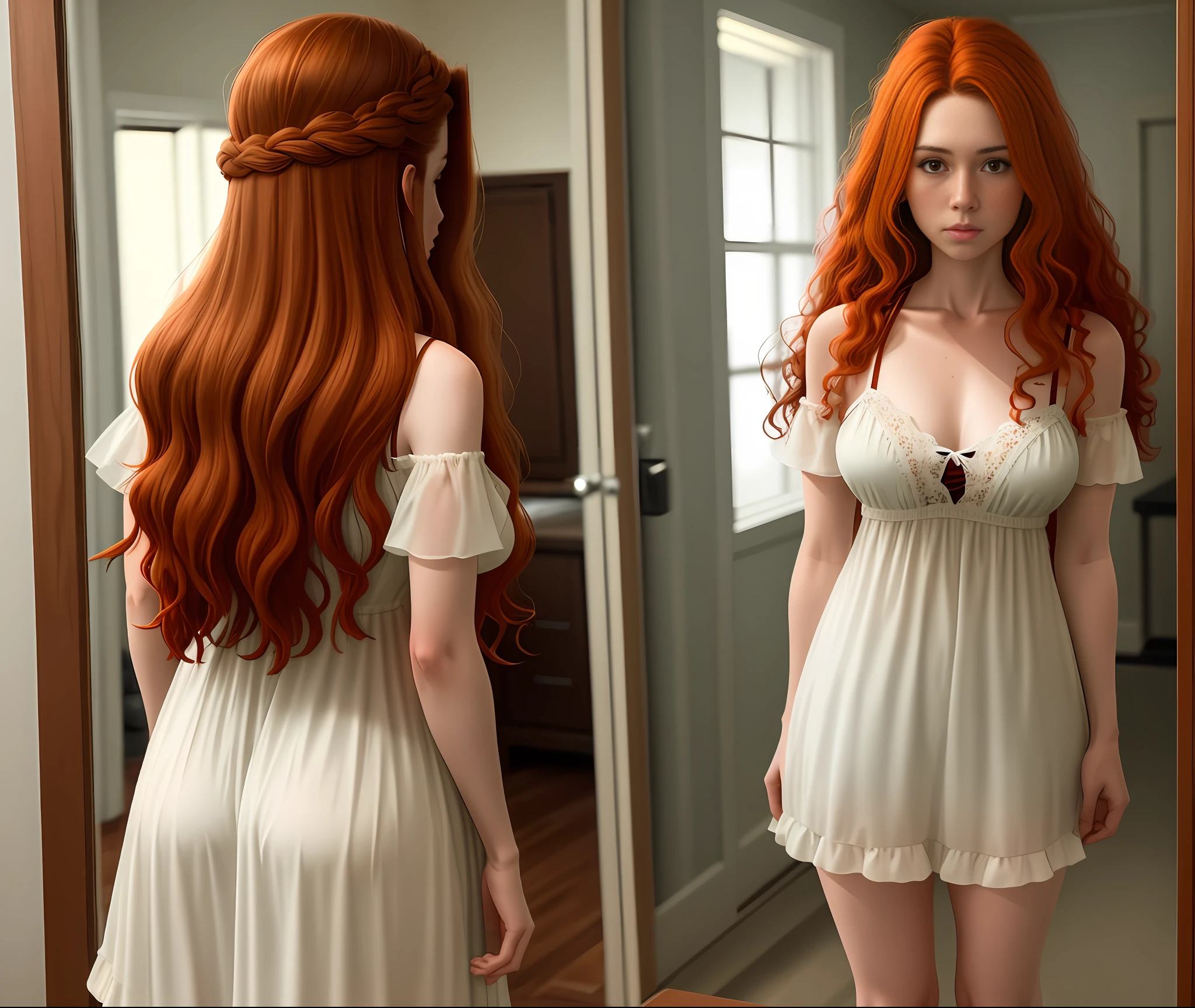 A caucasian Woman, long wavy auburn hair, light freckling, petite, slim build, DD cup breast size, 5'4" in height, 120 lbs in weight, wearing a sheer nightgown, photorealistic, looking at herself in a mirror
