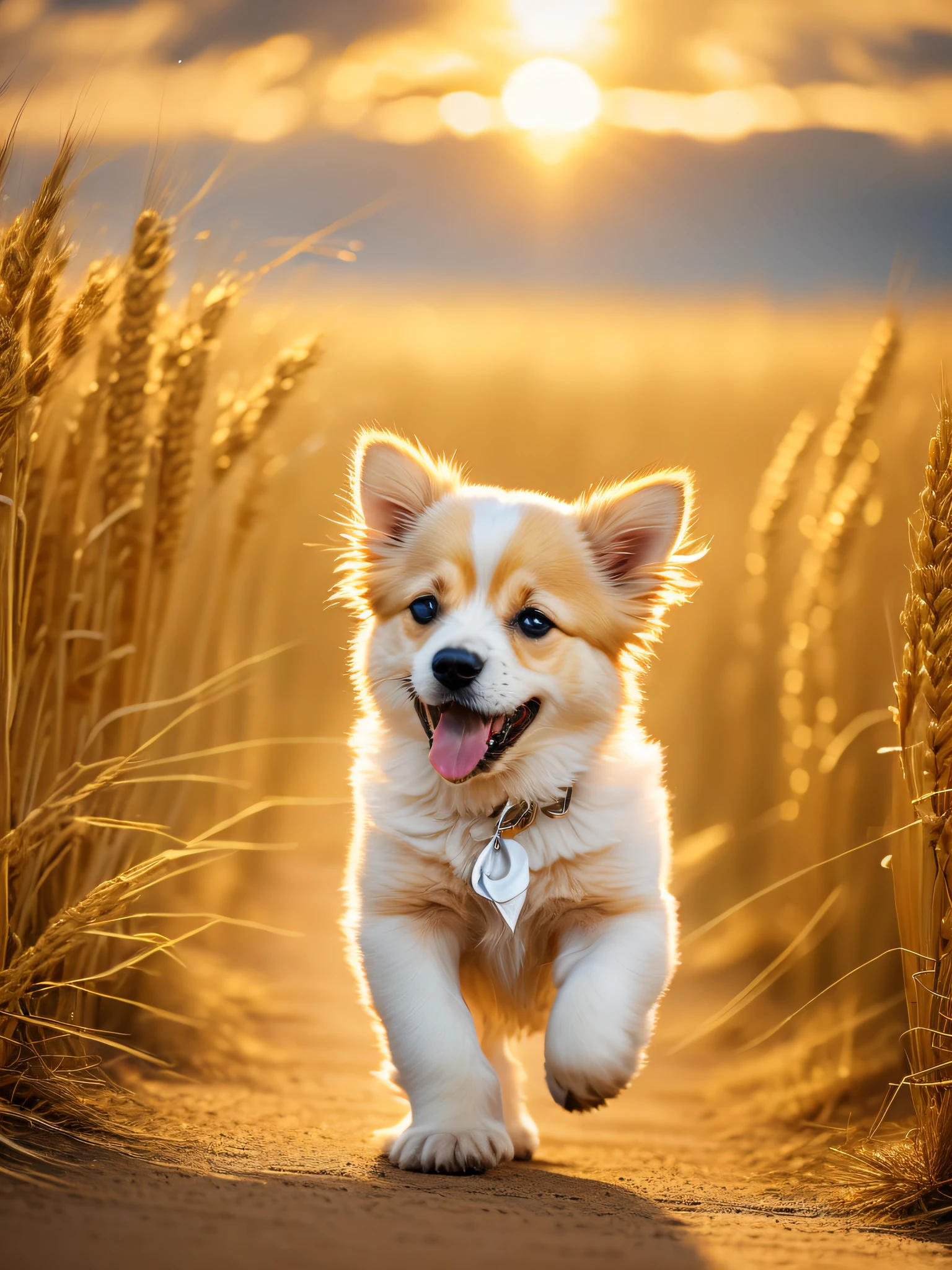 Photo of a very cute puppy running in a golden wheat field, facing the camera, showing his tongue and smiling, sunset sky, white clouds, soft volumetric light, (backlight: 1.3), (movie: 1.2), intricate details, (ArtStation: 1.3), Rutkowski