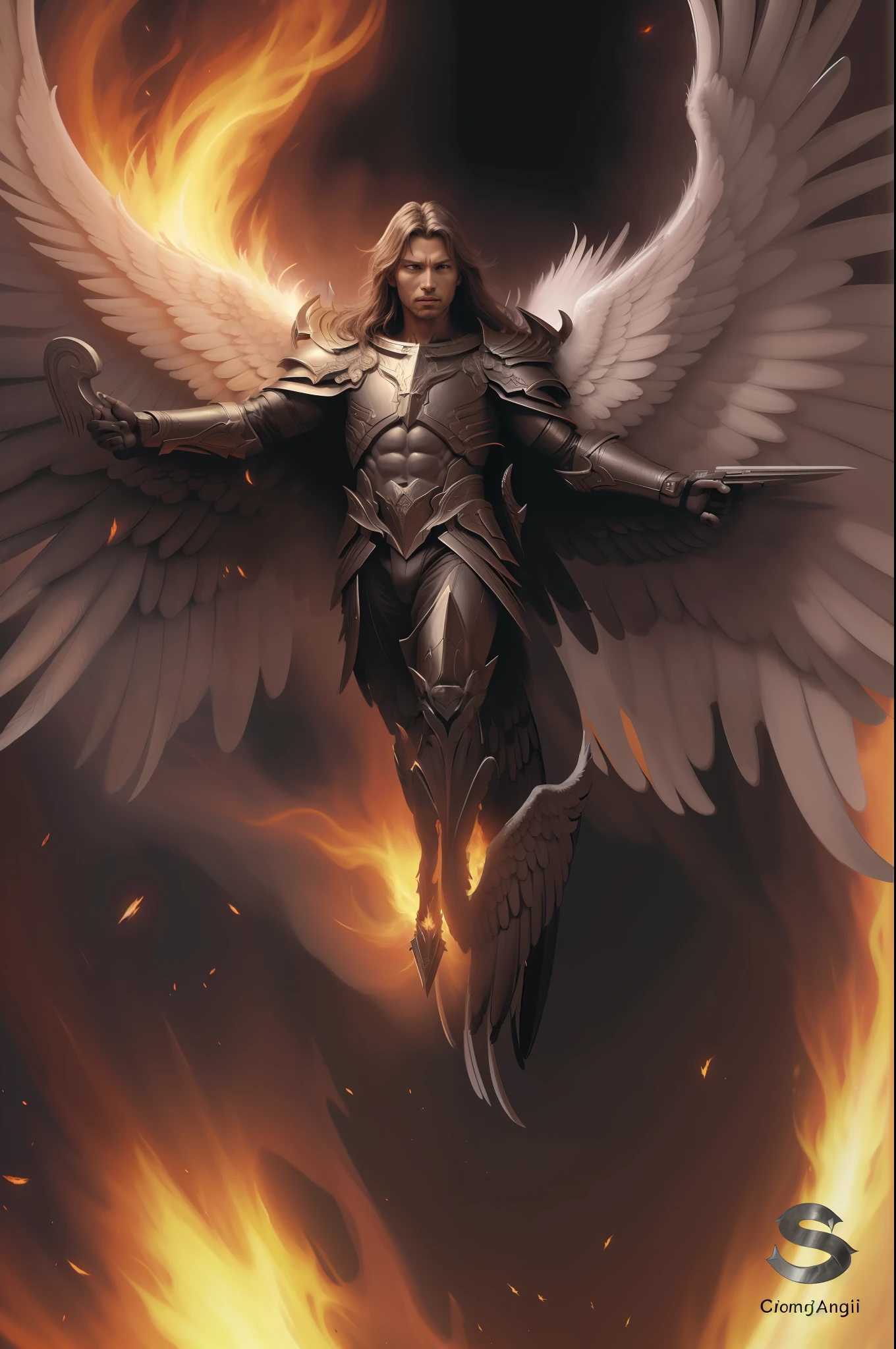 Cinematic CG, best quality a closeup of a person with wings flying in the air, dark background with archangel fire, winged human, archangel michael, epic angel wings, by Yang J, super wide angel, lucifer, raymond swanland style, amazing fantasy art, to understand hell or angelic flying, winged archer, precise biblical angel, by Donato Giancola,  huge wings growing out of the arms