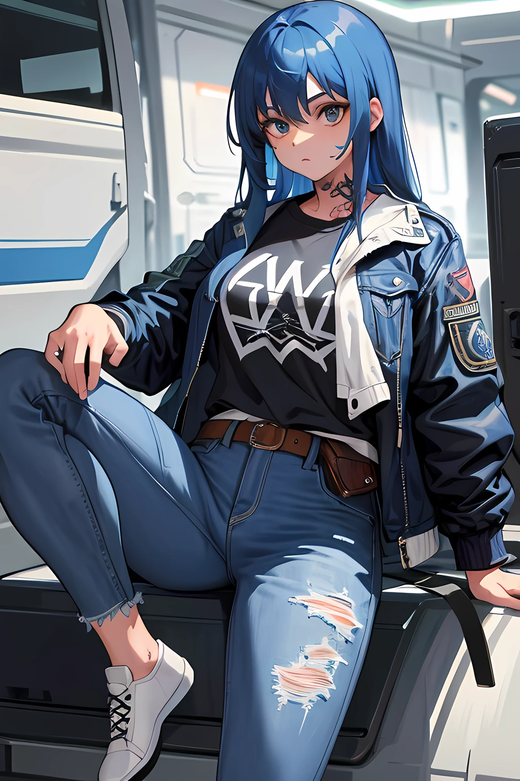 (masterpiece, best quality), 1girl, long hair, blue hair, jacket, tattoos, jeans,