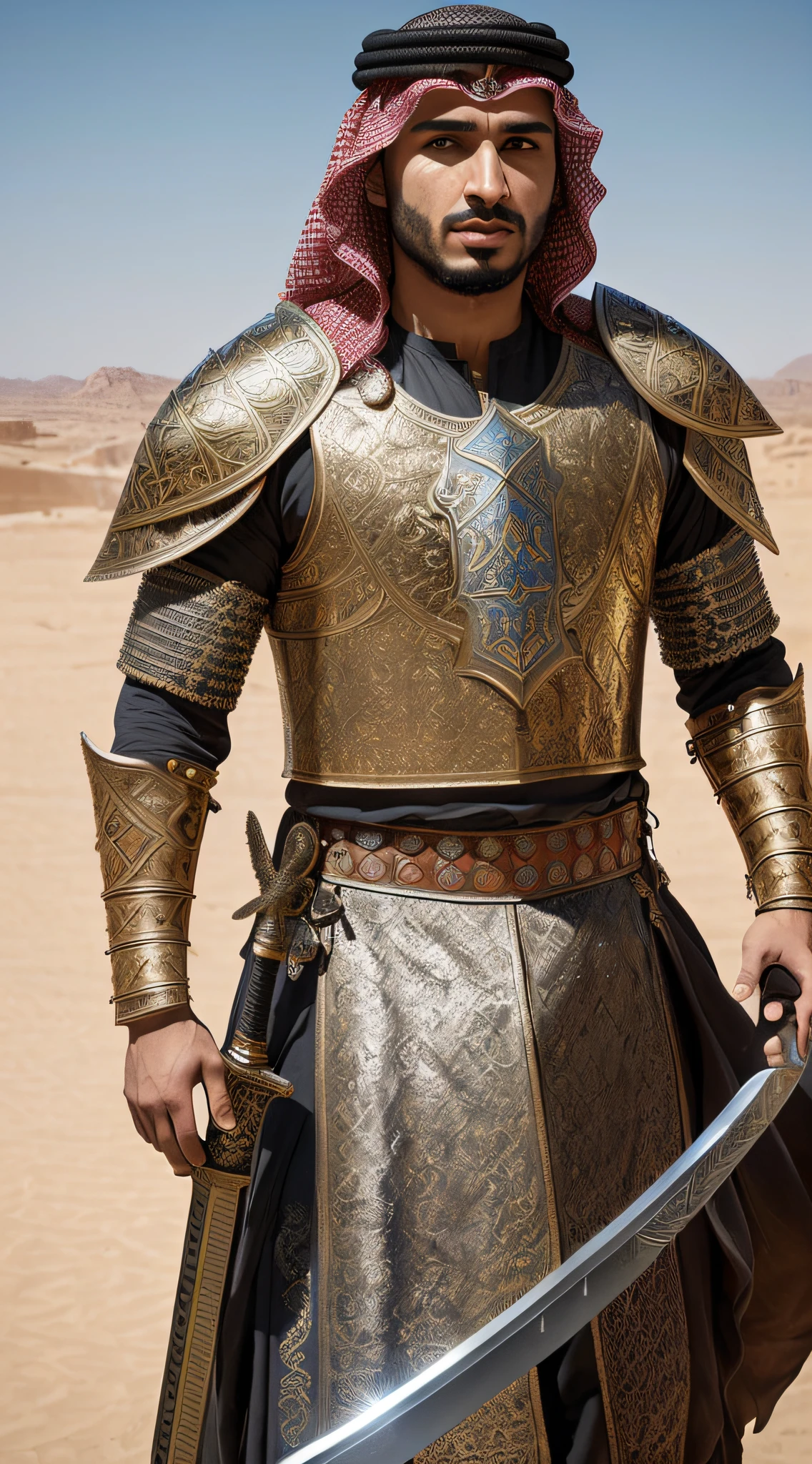 (masterpiece, 8K, UHD, photo-realistic:1.3), (Khalid ibn al-Walid:1.2), fierce look, ancient Arab battle armor, ornate details, chainmail and plate, (traditional Arab sword:1.4), gleaming under the desert sun, leading a charge of his warriors, faces determined, sand swirling, battlefield backdrop, piercing midday sun, dynamic angle, realistic style.