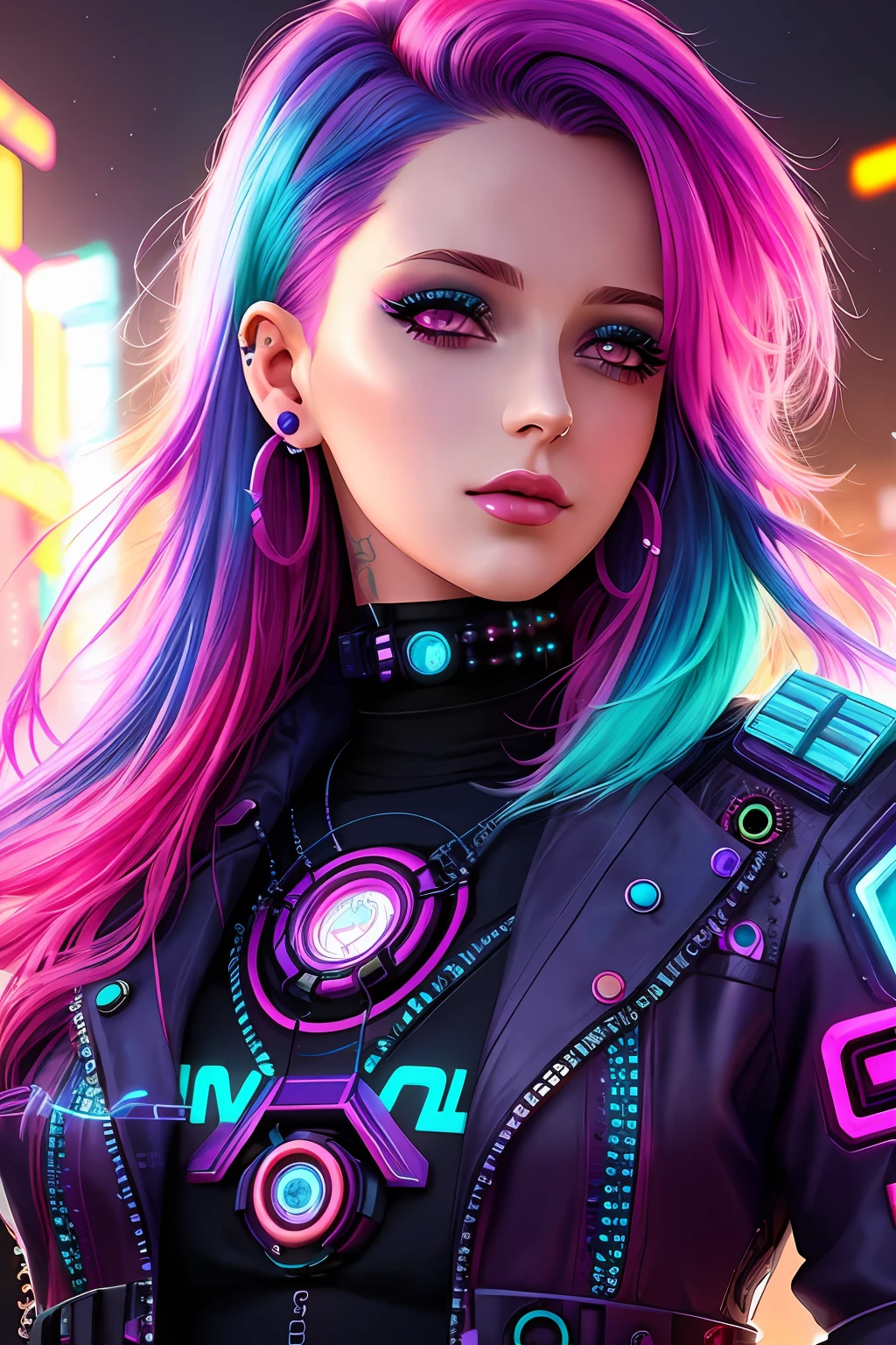 a close up of a woman with colorful hair and piercings, dreamy cyberpunk girl, 4k highly detailed digital art, stunning digital illustration, 8k stunning artwork, colorfull digital fantasy art, colorful and dark, beautiful digital artwork, colorful digital painting, digital cyberpunk anime art, glowwave girl portrait, 8k hd wallpaper digital art, gorgeous digital painting