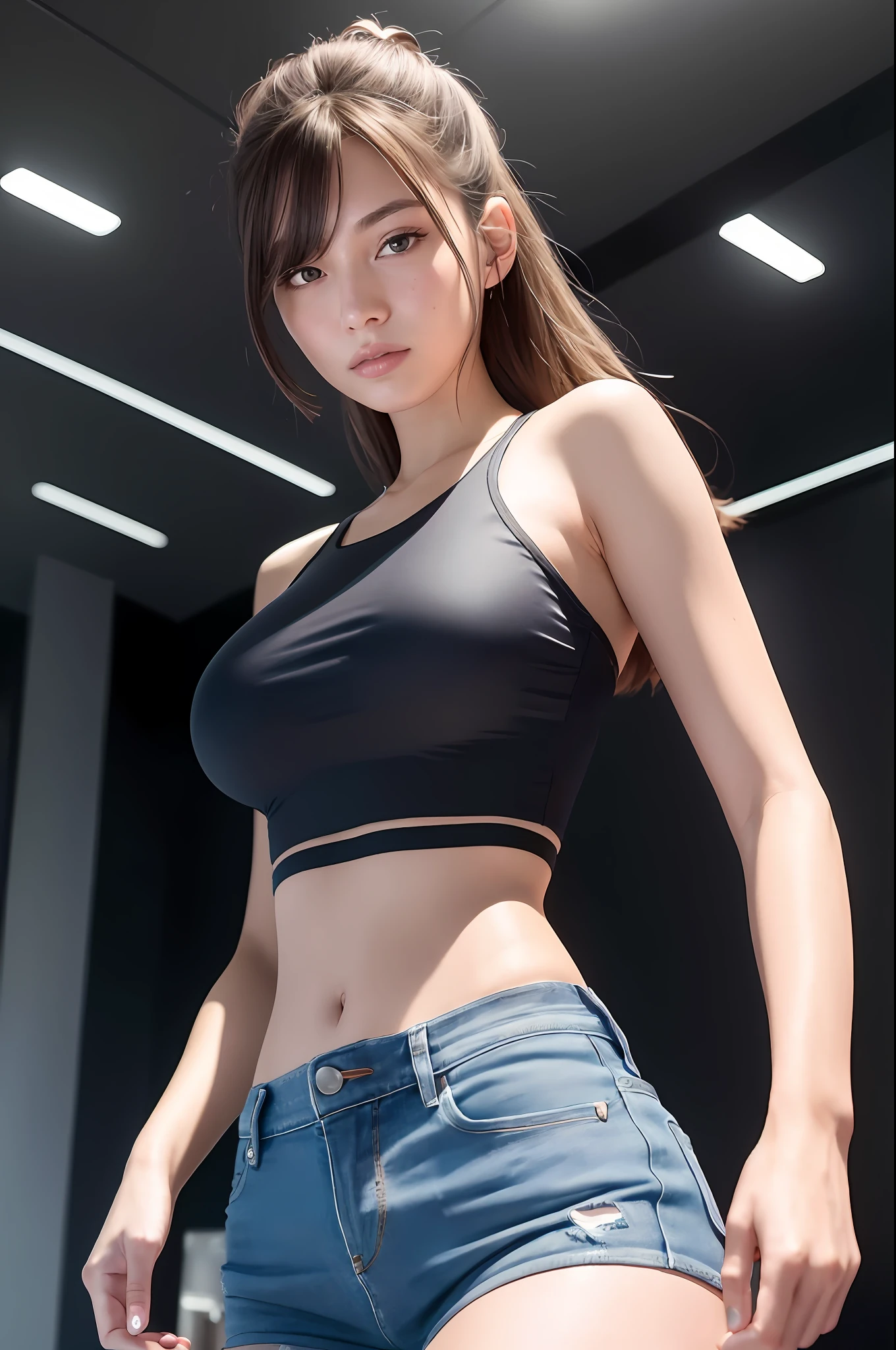 Best Quality, Ultra High Resolution, Ultra Fine Face and Eyes, (Realisticity: 1.4), 1 Girl, 16 Years Girl, Teen, Sports Bra, View from Behind, (Leotard: 1.3), ((Denim Shorts)), (Light Brown: Red: Grey Hair: 1.4), Look at the Audience, Smile, Cute, Huge Ass, (Ray Tracing: 1.4), (Long Legs: 1.4), Big Breasts, Thin Waist,