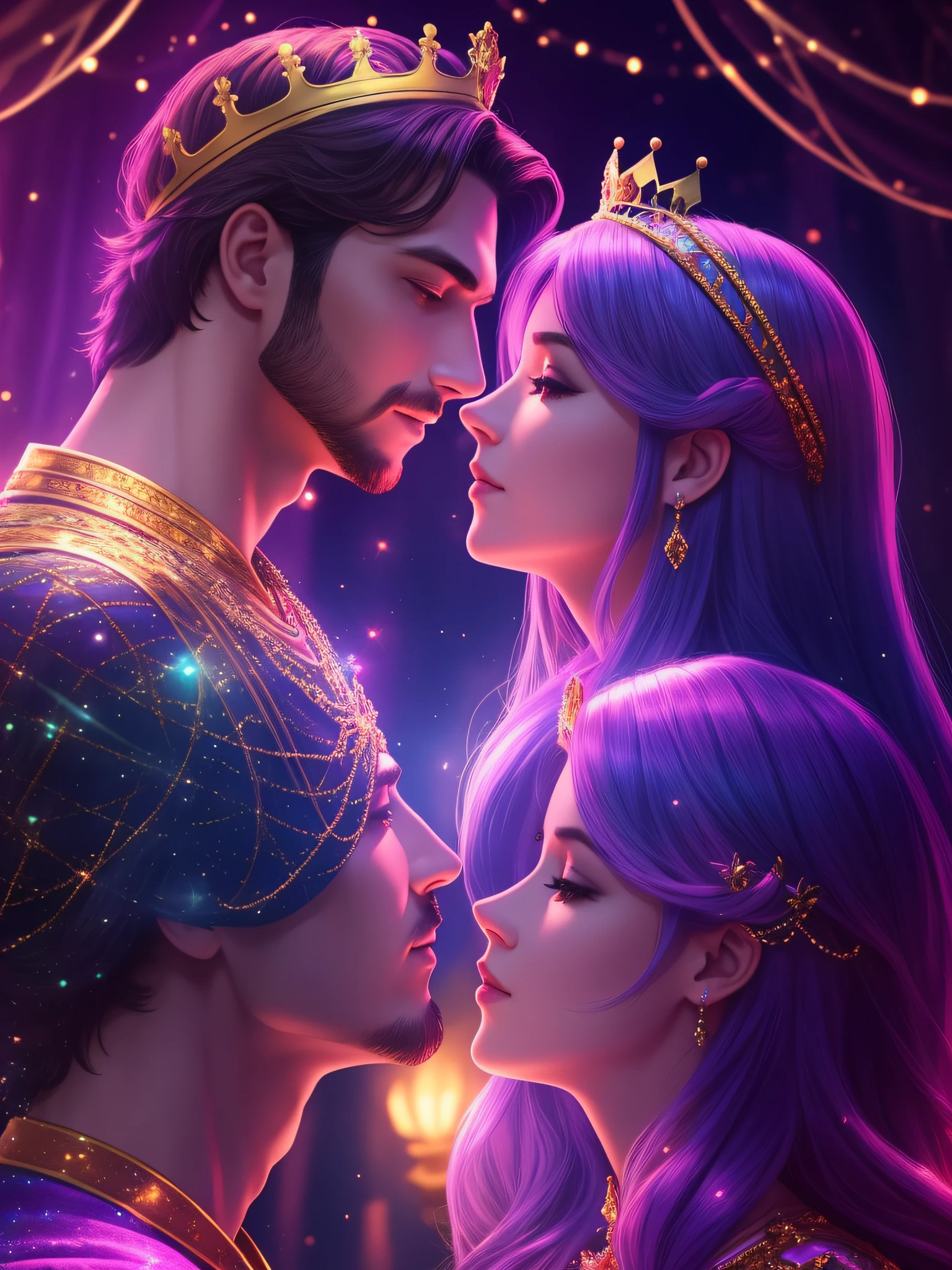 Imagine a king and Queen with King Crown and Queen wearing her Tiara dramatic lighting depth of field studio lighting high quality enchanting mood Couple Kissing in a fantasy background with trees and fairly lights and neon Lights 8k Resolution vibrant background high quality depth of field studio lighting cinematic lighting enchanting mood sharp focus