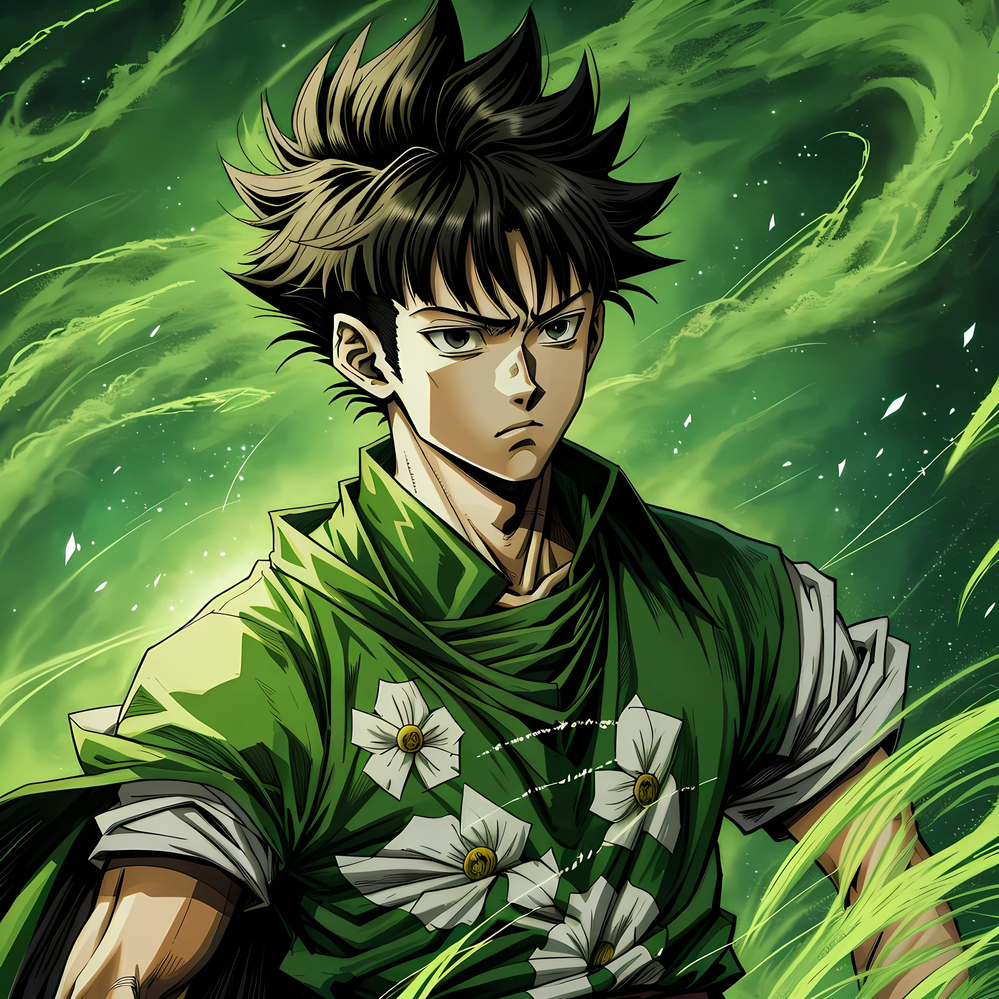 A closeup of Gon Adult (HunterXHunter), 2D anime style, anime pin, otaku gangasta, kentaro miura style, kentaro miura manga art style, kentaro miura art style, as an anime character, kentaro miura manga style, shuushuu anime image, in an anime style, tite kubo
