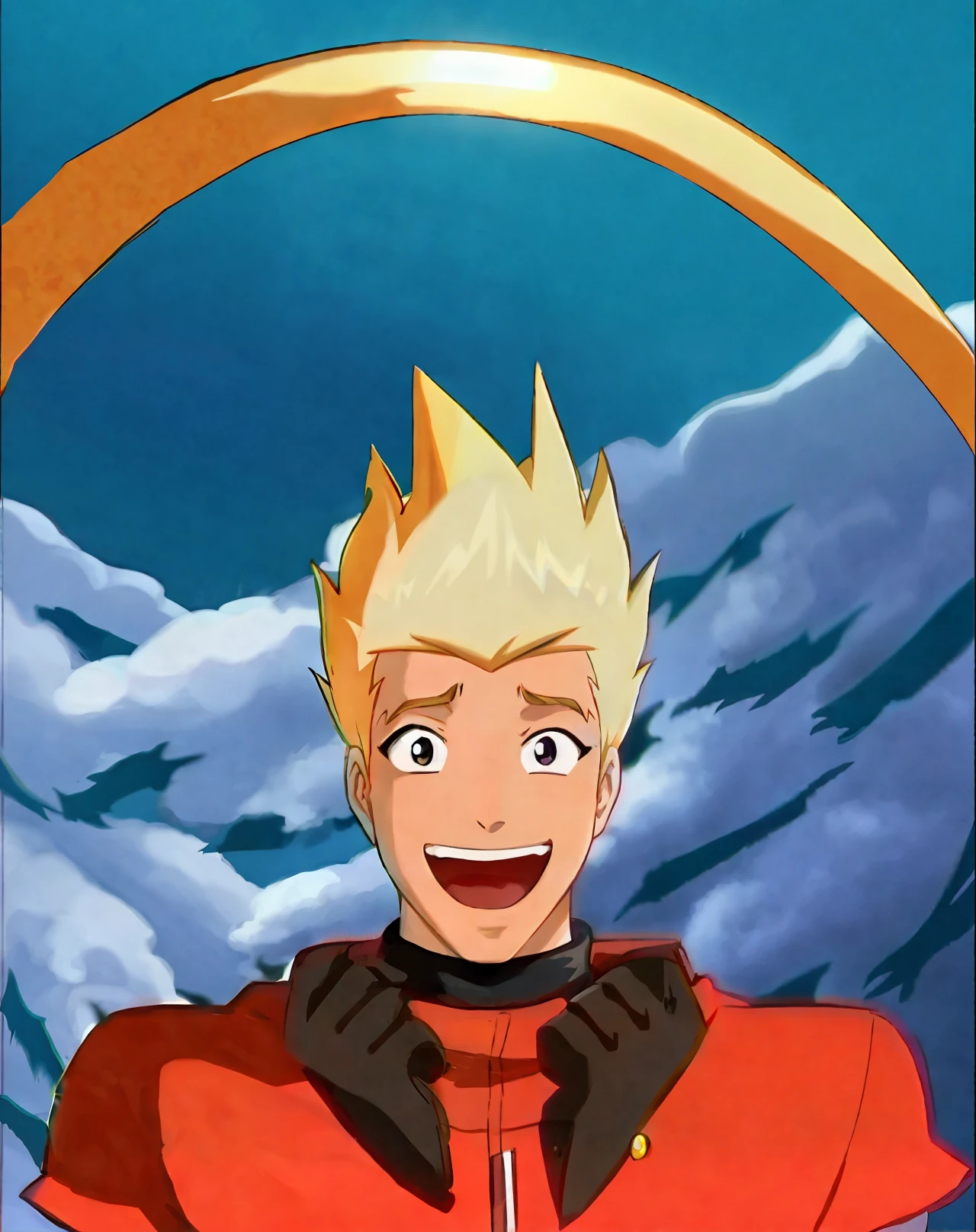 a closeup of a cartoon character with a smile on his face, martin Mystery, blonde hair with gel tips, glamorous digimon angewoman, character name is chad, anime style", anime elon musk, furio tedesschi, spiky short blonde hair, oh yes, joker looks like naruto, anime screencape, smiling lewdly, joker like naruto, johnny bravo