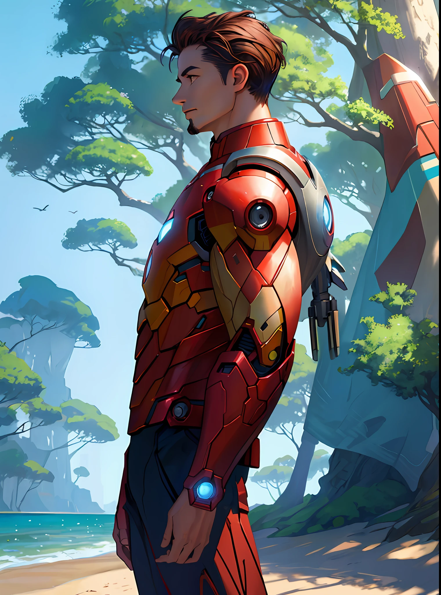 man in sweater in front of a tree, , with a tree in the background, milo, profile picture, profile picture, the, standing near the beach, pixar, futuristic style, iron man!
