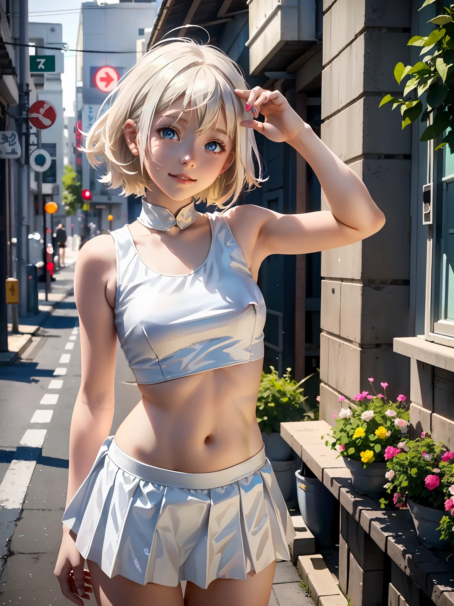 cute young anime girl in urban outfit, short white skirt, sleeveless white top, belly-bare, petite breasts, flat stomach, (platinum blonde hair:1), ((blue eyes)), looking at the viewer, 12 years old, elegant cute pose with slight twist, cute smiling, looking to the side, (full body photo:1.5), trending on Studio Ghibli, trending on ArtStation
