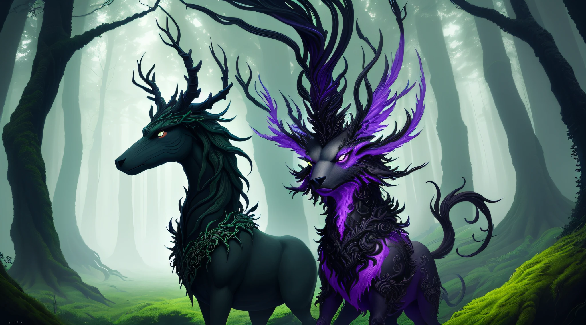Hello, IA! Please create a Dark creature, Sylvan, the Guardian of the Forests
. Explore your creativity to portray this mystical and imaginary creature. Play with vibrant colors, unique shapes and intriguing textures to make the image unique and engaging. I'm excited to see your artistic interpretation of the Dark creature, Do Sylvan, the Guardian of the Forests