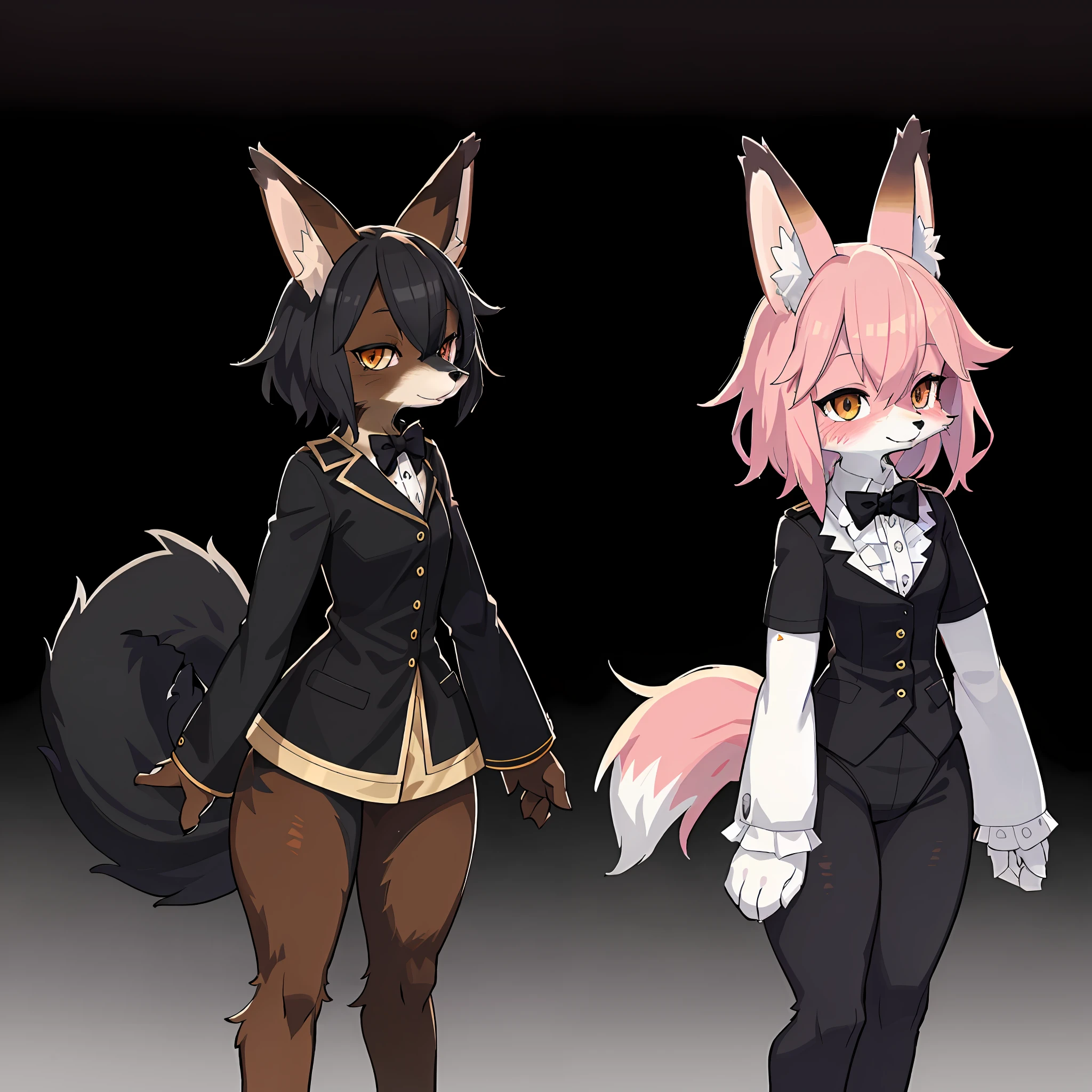 A cartoon image of a black fox and with a bow tie, furry art, foxy, pink gold,short hair, animatronic, anthropomorphic fox, hairy style, SFW version, furry,