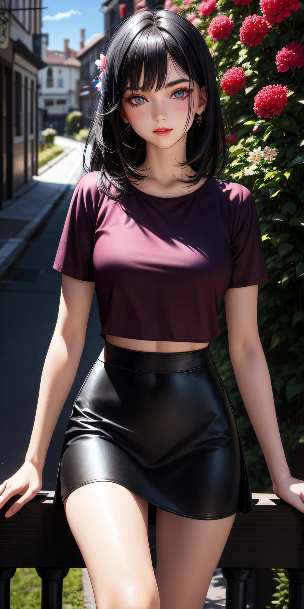 realistic, 1girl, black hair, red and blue eye, bright eyes, cropped top, skirt, lips parted, blush, night, flowers, sun, sunlight, swordsman