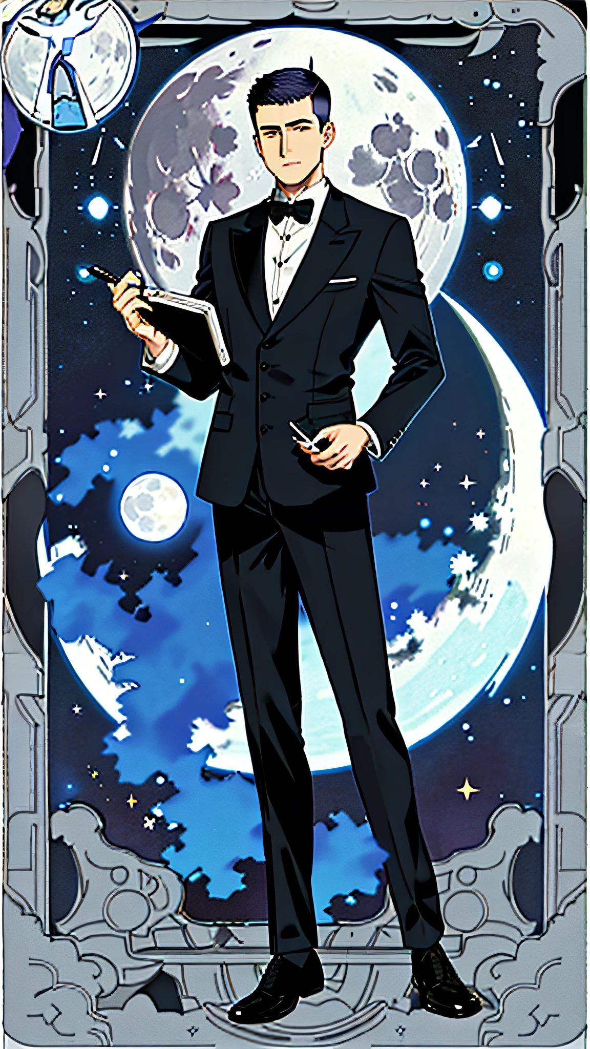 masterpiece, best quality, full body, card, 1 man, the moon, calm, clever, short hair, black hair,  brush cut, standing, blue, night sky, purple, book, pen, buzz cut, black suit, royal, gentle, man, full moon, center, best pose