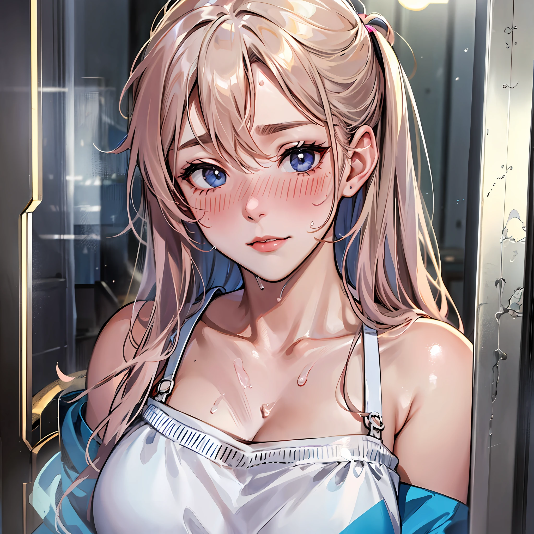 (suggestive:1), 1girl,blush,upper body,collarbone,sweat,sweatdrop