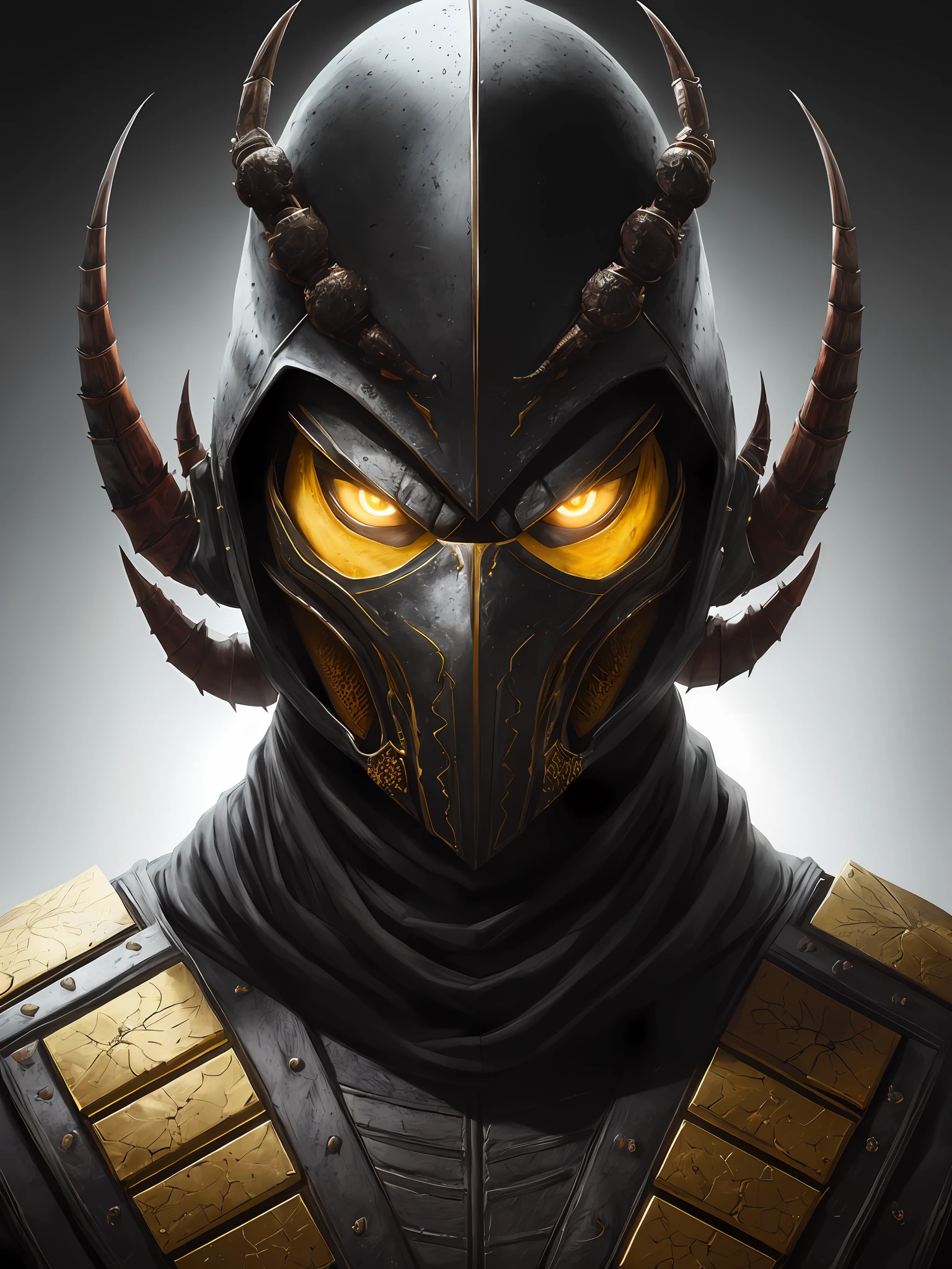 a portrait, scorpion from mortal kombat, detailed white eyes, bladk anc yellow armor, hood, veins on his arm, Intricate, High Detail, Sharp focus, dramatic, photorealistic painting art by greg rutkowski