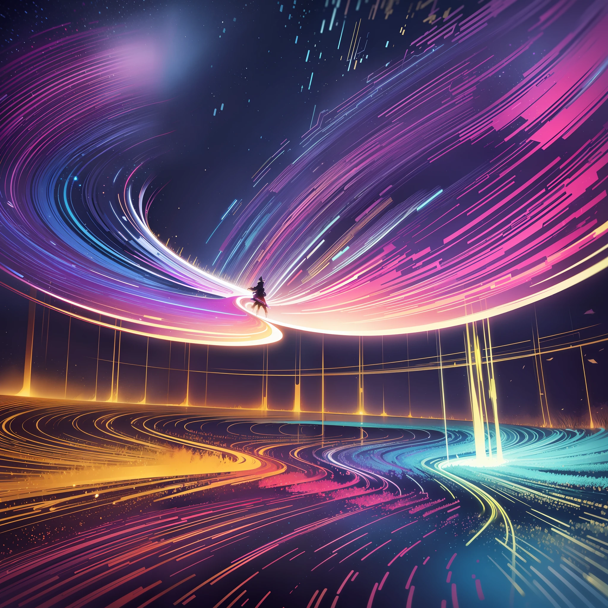 masterpiece, best quality, light painting, (long exposure:1.2),dynamic streaks, luminous trails, vibrant colors, fluid movement, captivating patterns, creative experimentation,(1girl:1.2),(cowboy shot:1.2)