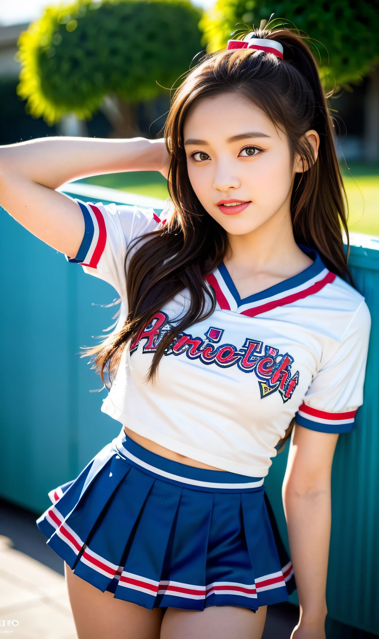 Delicate, Ponytail, (Complex Details:1.3), (Best Quality:1.2), (Masterpiece:1.3), Realistic, 8K UHD, High Resolution, High Quality Textures, Intricate Details, Detailed Textures, Fine Details, Highly Detailed CG, High Quality Shadows, Realistic Representation of Face, Beautiful Details, (More of Skin, More of Skin), Delicate Face Facing Left, detailed and beautiful delicate eyes, Perfectly proportioned face with a smile, film grain, depth of field, cinematic light, dramatic light, lens flare, ray tracing, perspective, twenties, (photorealistic: 1.2), (duo: 1.4), prominent nose, (high nose: 1.0), (sharp nose: 1.0), slender face, slim face, (big eyes: 1.1), glow eyes, blush, shiny lips, red lips, perfect body, perfect breasts, (big breasts, wide hips: 1.1), (abs: 1.4),[(PureErosFace_V1:0.8), (beautiful american teenage actress-6500:0.5):0.2], (american celebrity, american beauty, cute girl, sexy girl, teen, white american, slim chin), ( (Beautiful 15 year old beautiful American girl)), best ratio four fingers and one thumb, (makeup: 0.4), puzzled, (high school cheerleader), (high school cheerleader uniform:1.5), (tight line mini skirt:1.6) + t-shirt + high knee socks + bra, (translucent t-shirt), (translucent skirt), wearing running shoes, (happy face: 1.3), { Kayasco de la Rio: 2}, (ulzzang-6500:0.5): 0.2, (Korean celebrities, Korean beauties, Korean actresses, KPOP idols, Koreans), (beautiful 16-year-old beautiful Korean girl), no pom-poms, 2 cheerleaders, hugging each other, no American FLG,