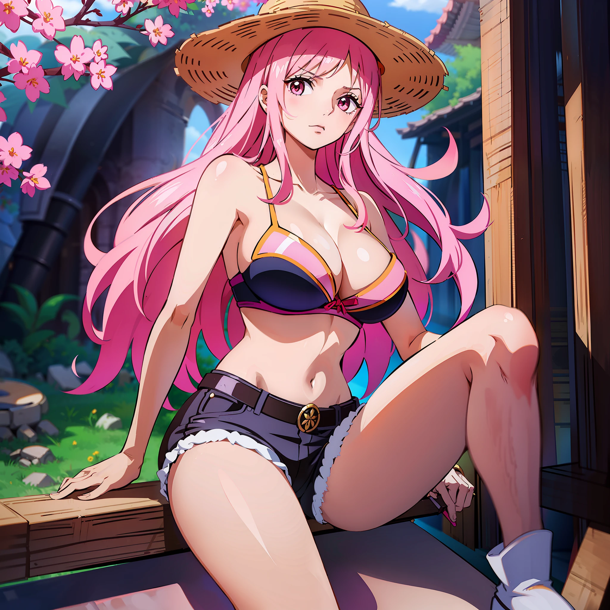 Seductive young woman with long pink hair,large breasts and wide hips,wearing only flowery pink bra and short shorts,white boot,with a straw hat,with a sword sheathed at her waist,the hilt of the sword is golden