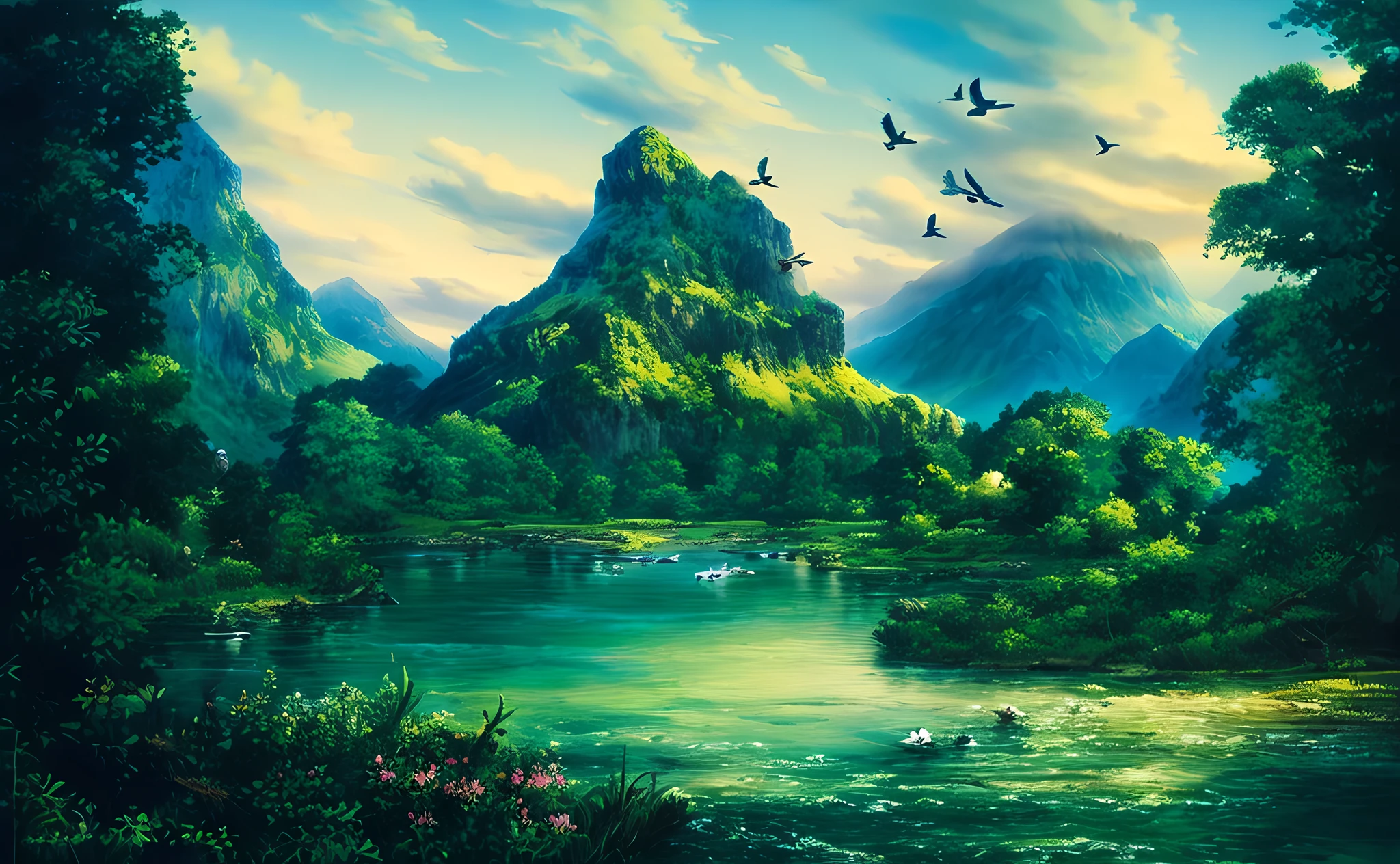 (extremely detailed 8k wallpaper) +, Painting of a mountain scene with a lake and birds flying over it, beautiful mountain background, lakeside mountains, majestic nature scenery, stunning fantasy landscape, dreamlike epic fantasy landscape, highly detailed 4k digital art, fantasy landscape, scenic fantasy, 3D virtual landscape painting,  peaceful landscape, natural landscape beauty, fantasy art landscape, high fantasy landscape