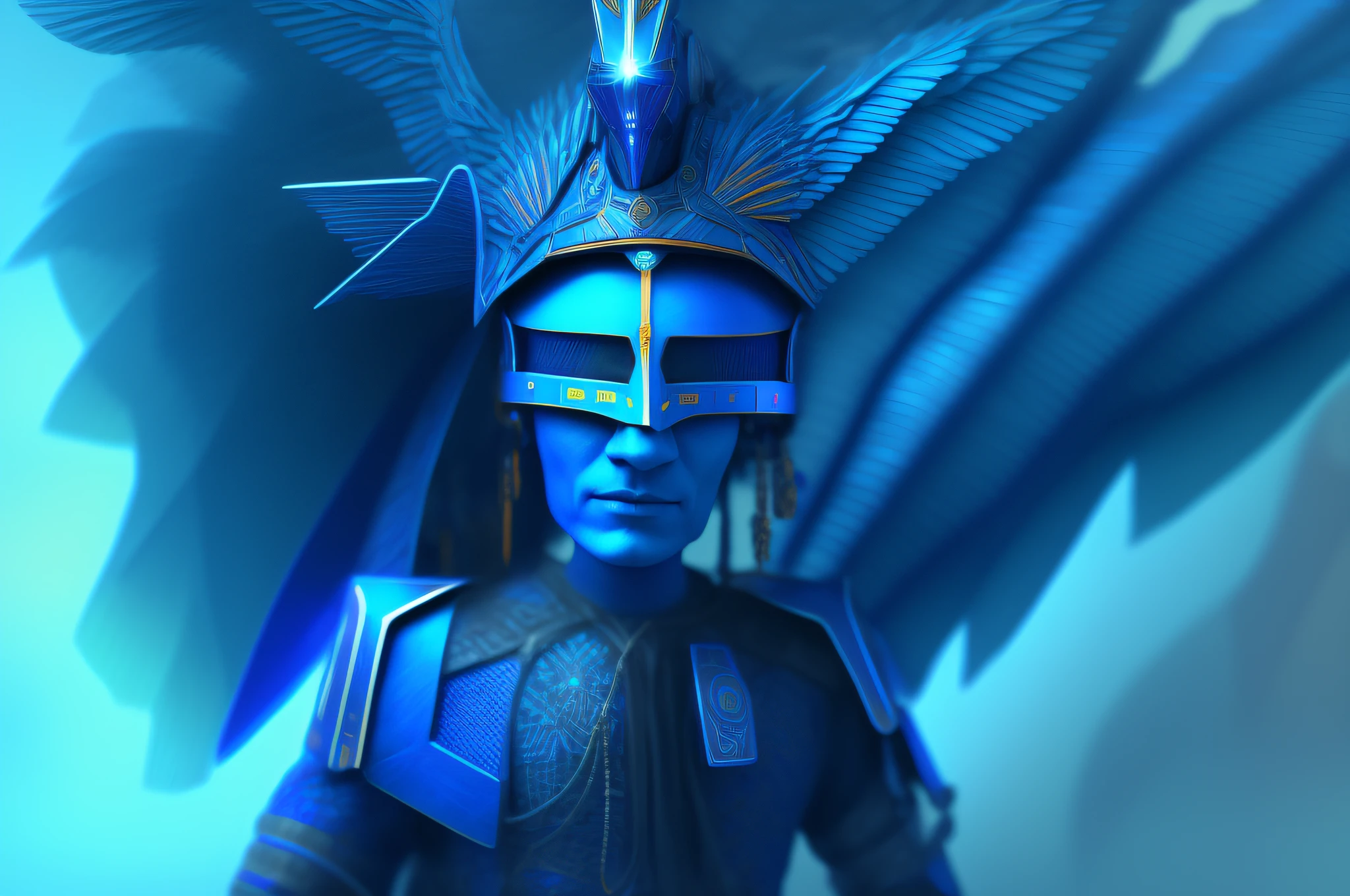 Drawing of a person wearing a helmet and a blue shirt, wearing winged helmet, portrait of a digital shaman, graphite color cover, drawn in Microsoft ink, digital art, highly detailed digital art in 4K, blue background., futuristic robot angel, an angel, AI self-portrait, anthropomorphic _ humanoid, winged human, Tron Angel, [ digital art ]!!