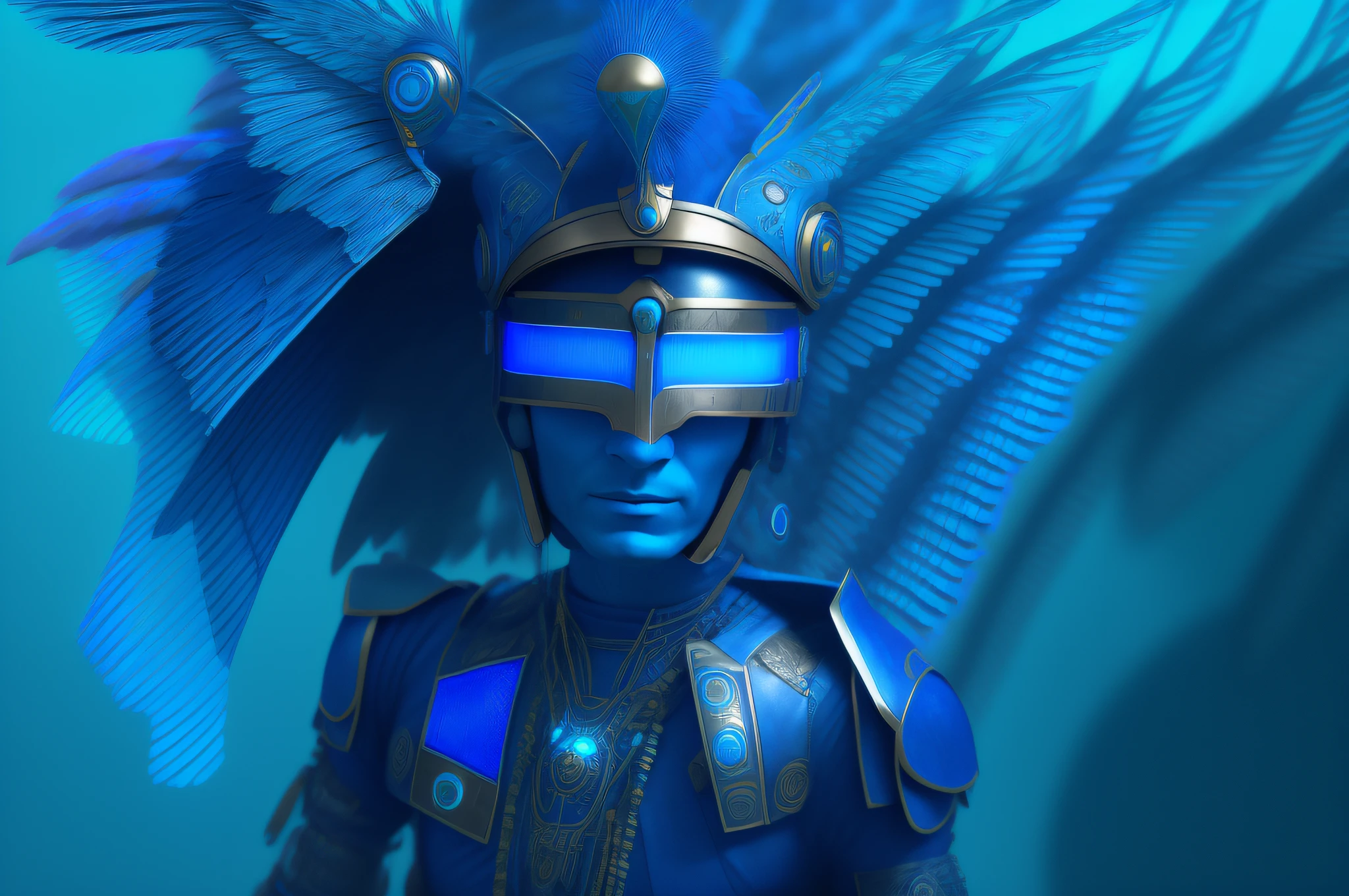 Drawing of a person wearing a helmet and a blue shirt, wearing winged helmet, portrait of a digital shaman, graphite color cover, drawn in Microsoft ink, digital art, highly detailed digital art in 4K, blue background., futuristic robot angel, an angel, AI self-portrait, anthropomorphic _ humanoid, winged human, Tron Angel, [ digital art ]!!
