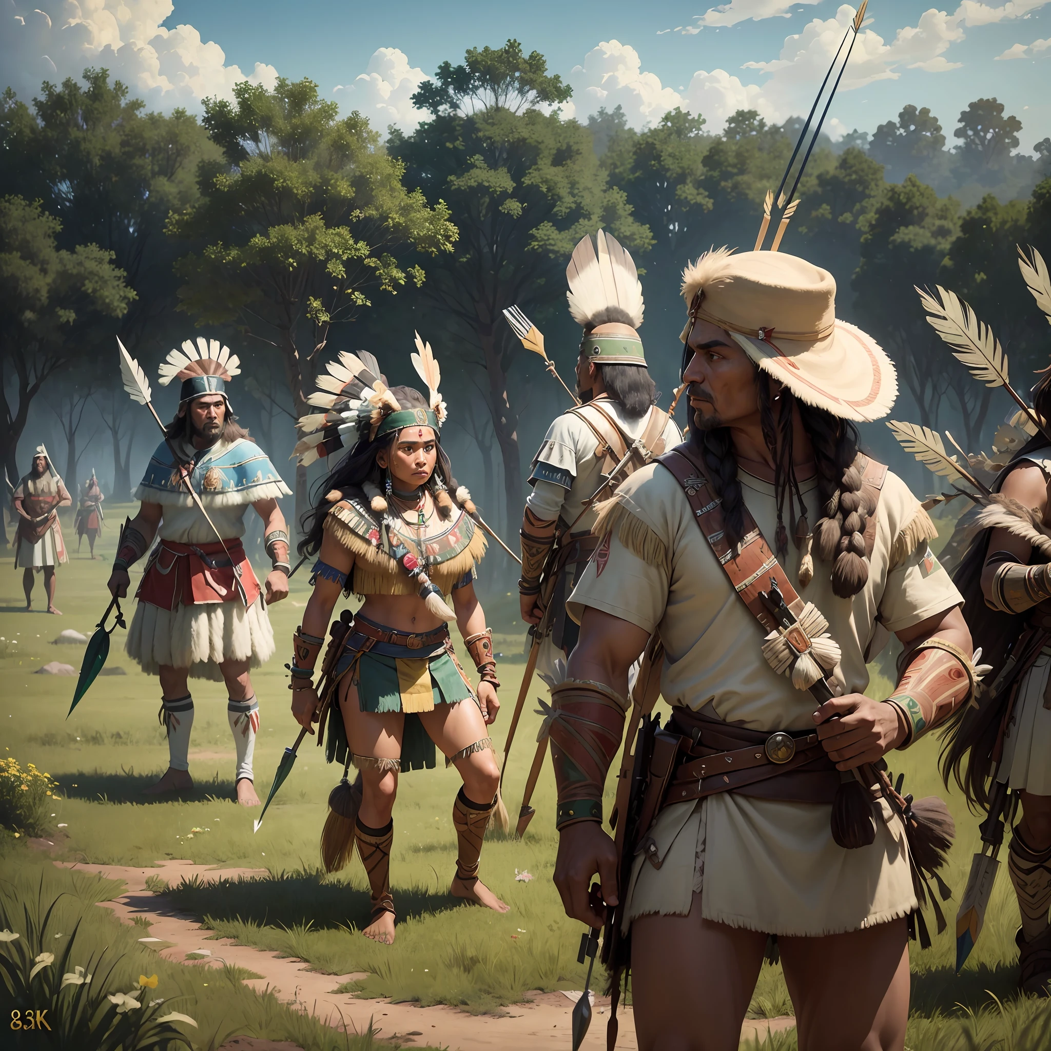 ((Best quality, 8k, Masterpiece: 1.3)), indigenous warriors with arrows pointed at the whites, and the whites have guns pointing at the Indians, in the green forest, the Indians have a painting of indigenous people from Brazil --auto --s2
