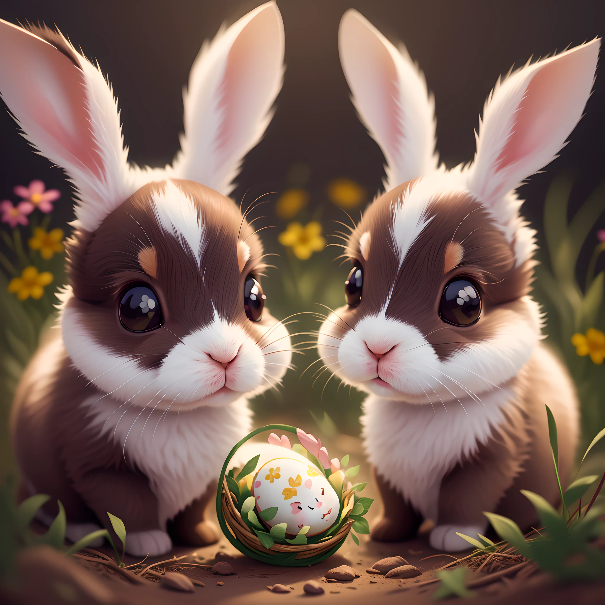 two baby bunnies with 2 ears, blur, flower, Easter egg, no_humans, depth of field, to8contrast style, DARK_Glam, wearing DRK_Glam, deep shadows, (dark: 1.4) --auto --s2