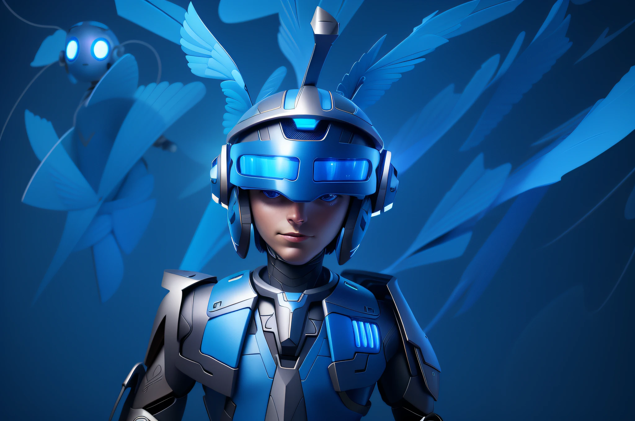 Drawing of a person wearing a helmet and a blue shirt, wearing winged helmet, portrait of a digital shaman, graphite color cover, drawn in Microsoft ink, digital art, highly detailed digital art in 4K, blue background., futuristic robot angel, an angel, AI self-portrait, anthropomorphic _ humanoid, winged human, Tron Angel, [ digital art ]!!