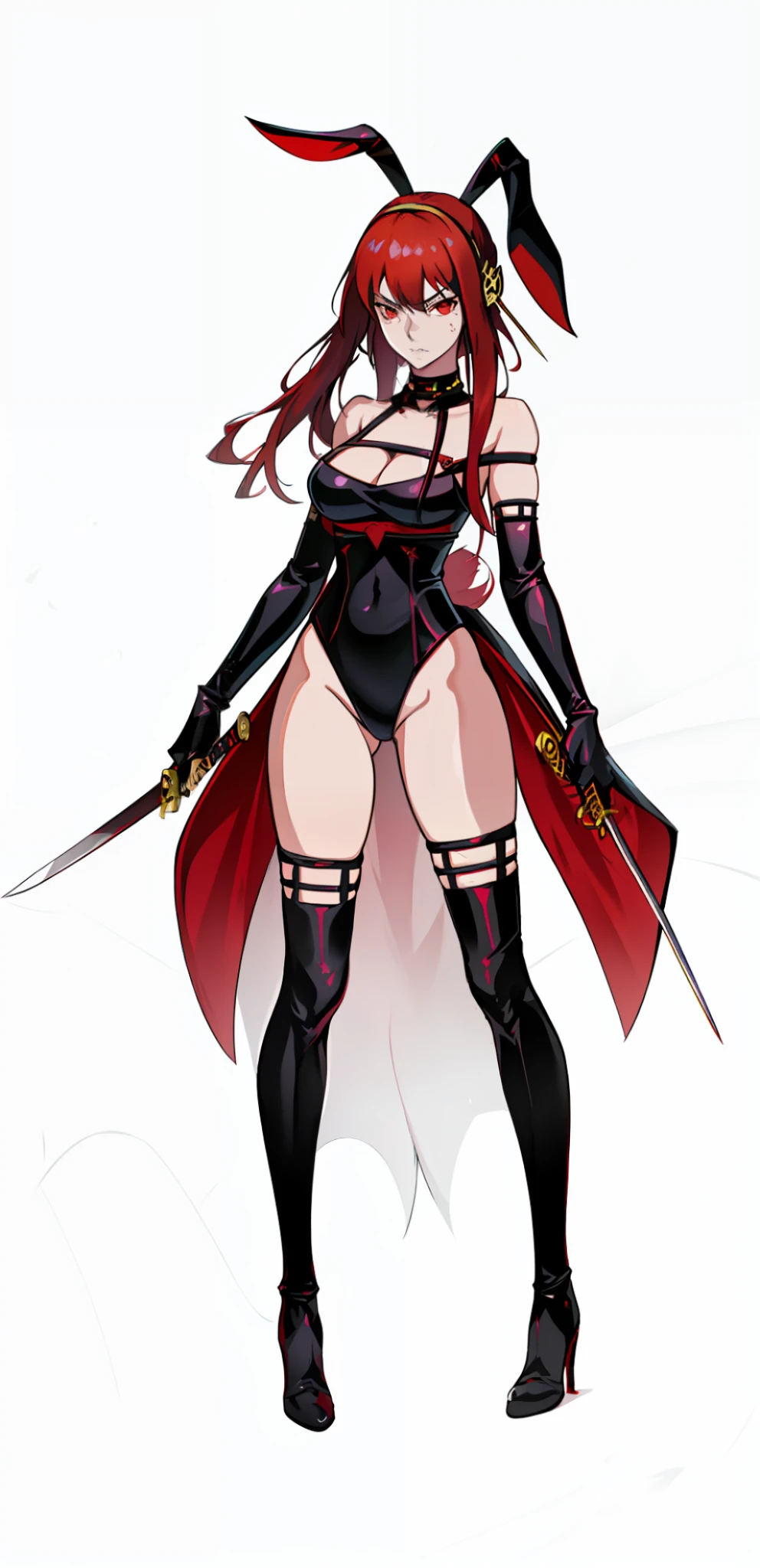 A woman in a bunny suit holding a sword and sword, video game character Katana Zero, Katana, gothic ninja, Erza Scarlet as a real person, Katanas tied to her back, red-haired Templar, colored assassin, Yayoi Kasuma, Gaiden ninja portrait girl, katarina, crimson outfit, with a serious face