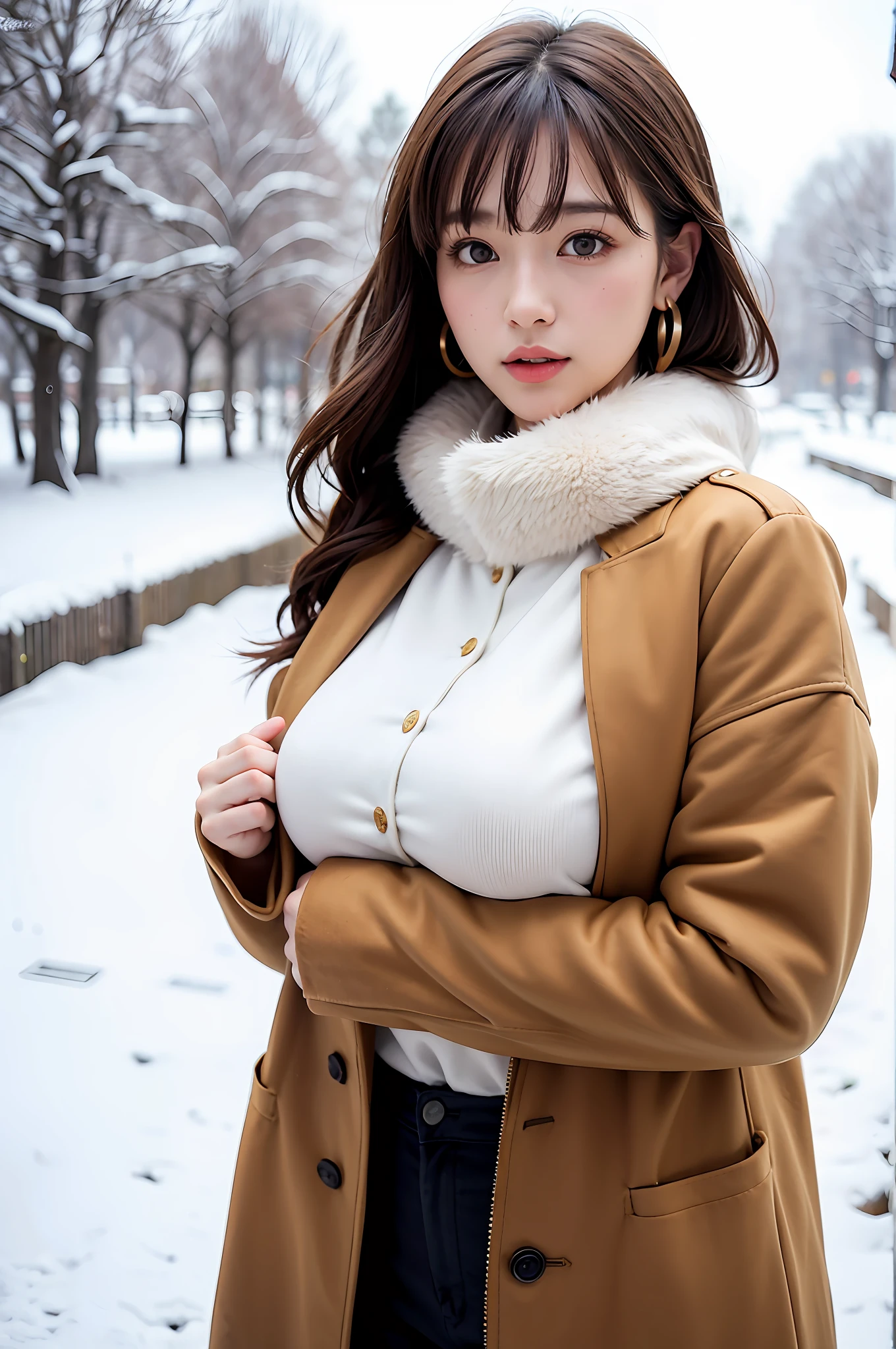 1 girl, bare_tree, brown_eyes, brown_hair, building, coat, cross_earrings, earrings, fur, fur trimmed_coat, fur_collar, fur_scarf, fur_trim, jewelry, lips, shorthair, looking_at_viewer, outdoors, snow, snow, solo, tree, upper_body, Winter, winter_clothes, detailed_eyes,Big breasts, chest close with arms, face facing camera, big, ears out, golden ratio face, golden ratio body, top quality, ultra high definition, bangs, thick bangs