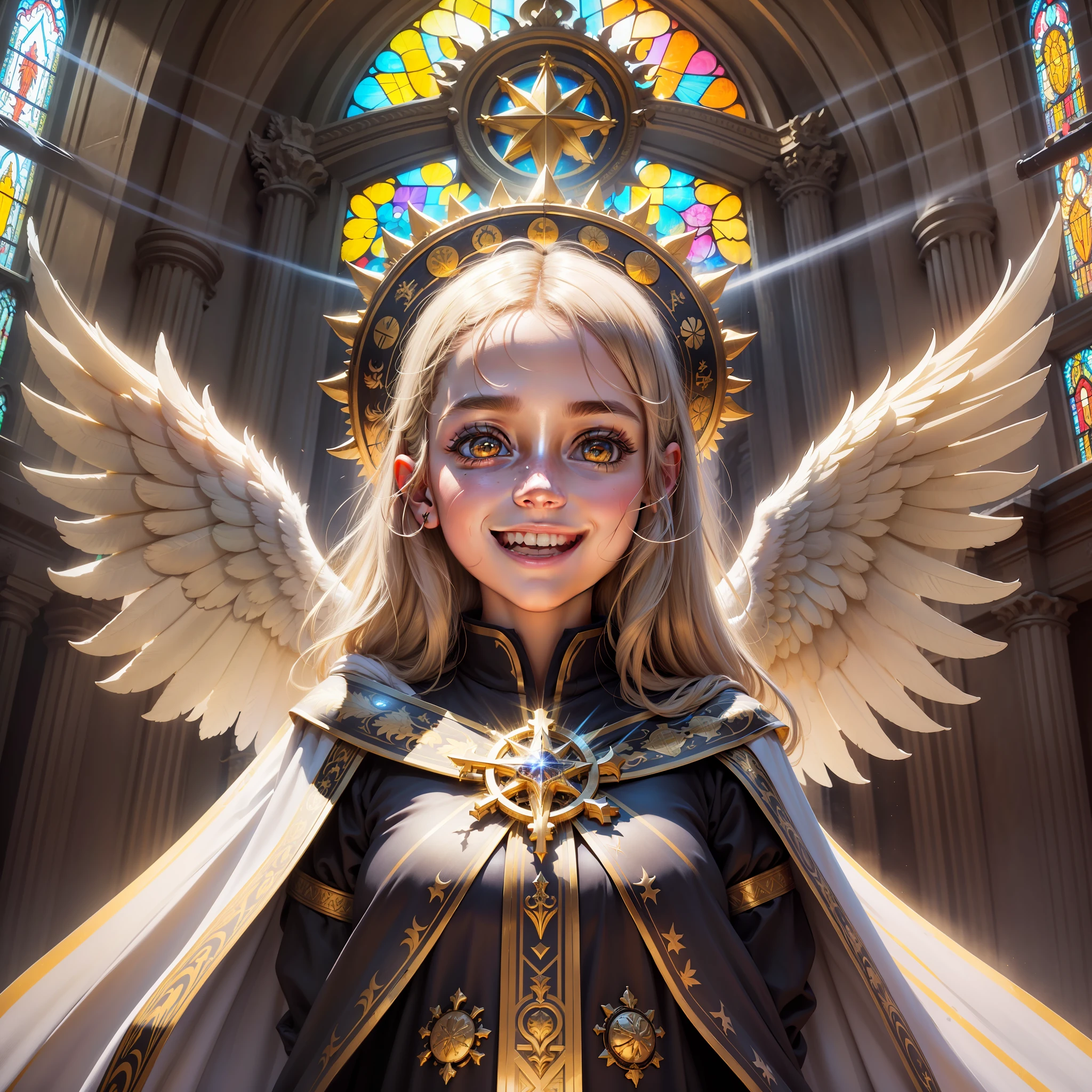 masterpiece, best quality, bright playful eyes, detailed pupils, god rays, sunbeam, inside a church, smiling, big smile, 1girl, solo focus, (Angel:1.2), halo, aura, magic, Yellow Eyes, (Dark Skinned Female:1.2), Long Religious Robes, Latin Cross --auto --s2