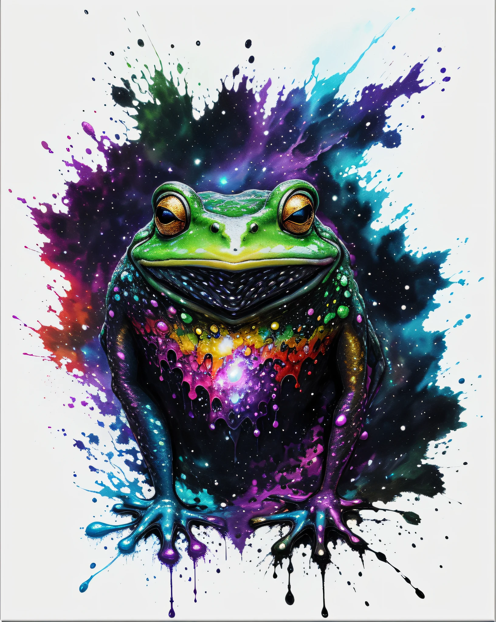a mixed-media abstract artwork of a strange frog with striking eyes, highly detailed eyes, medium chest, (fine art), (splashes and splashes of paint in nebula colors on canvas 1.2),[thick, wet, shiny drip ink], ink, pencil shadow, award-winning, (perfect composition),(nebula:0.5),(galaxy:0.5),(poison frog:0.4)
