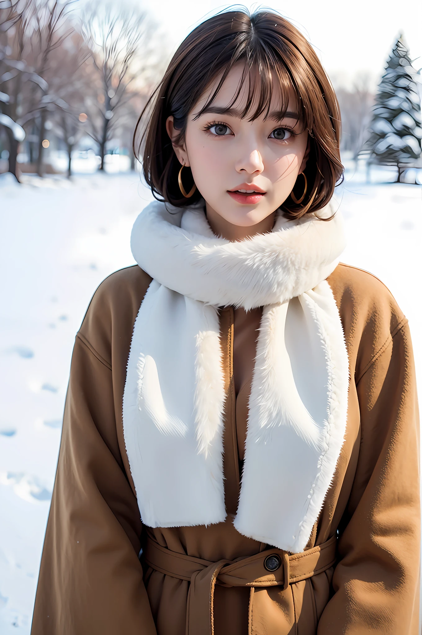 1 girl, bare_tree, brown_eyes, brown_hair, building, coat, cross_earrings, earrings, fur, fur trimmed_coat, fur_collar, fur_scarf, fur_trim, jewelry, lips, shorthair, looking_at_viewer, outdoors, snow, snow, solo, tree, upper_body, Winter, winter_clothes, detailed_eyes,Big breasts, chest close with arms, face facing camera, big, ears out, golden ratio face, golden ratio body, top quality, ultra high definition, bangs, thick bangs