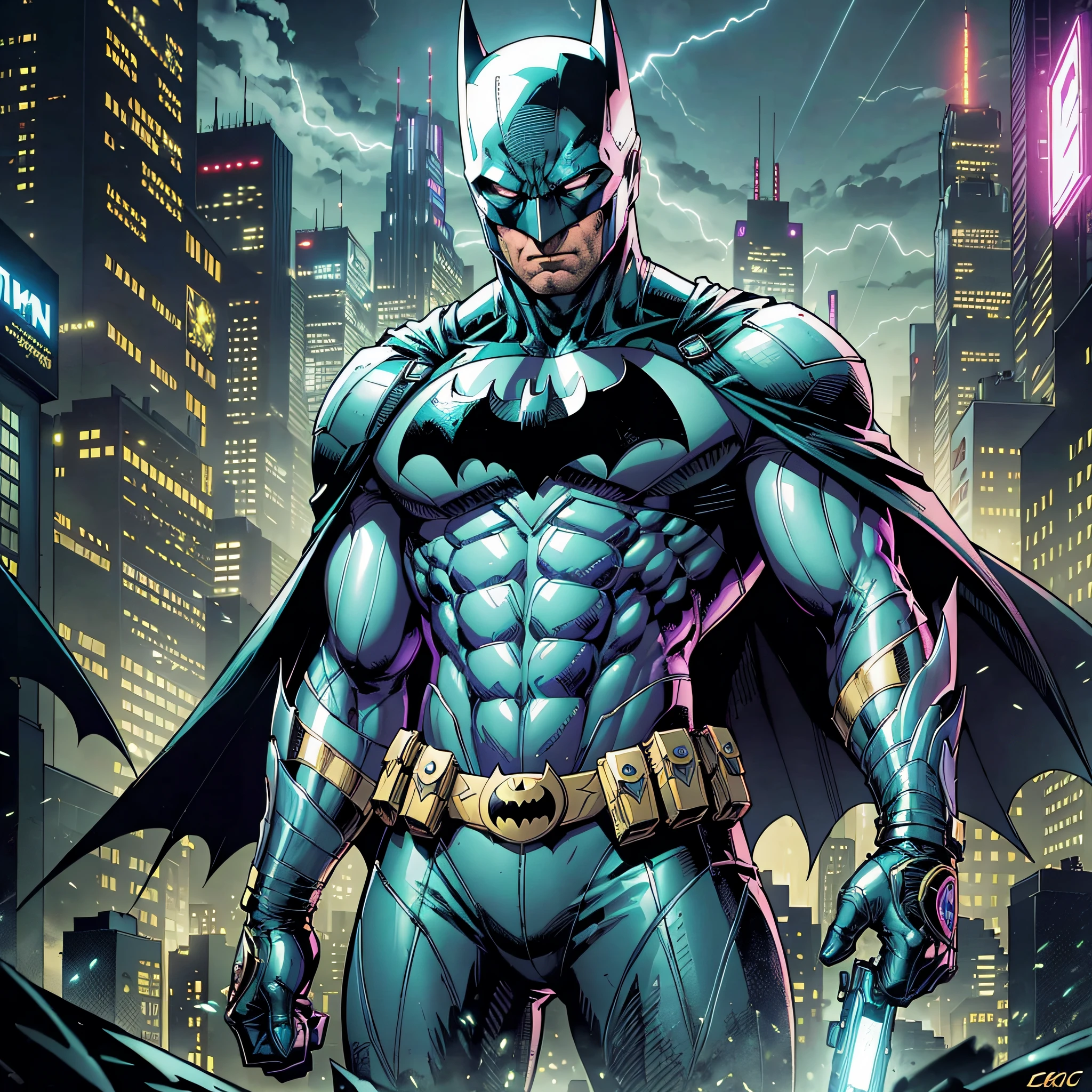 Batman DC Comics Cyber Punk Style (Masterpiece) (Best Quality) (Detailed) (8K) (HDR) (Wallpaper) (Cinematic Lighting) (Sharp Focus) (Intricate) --auto --s2