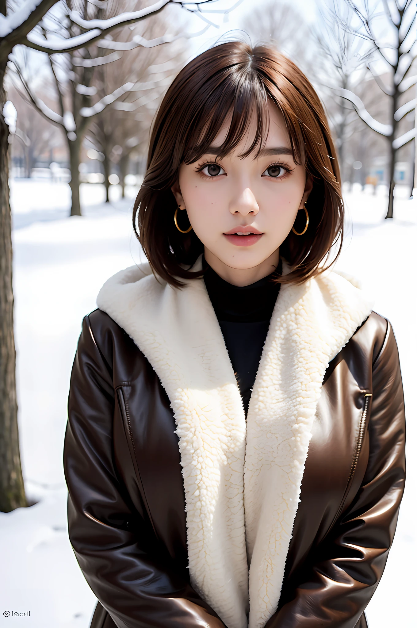 1 girl, bare_tree, brown_eyes, brown_hair, building, coat, cross_earrings, earrings, fur, fur trimmed_coat, fur_collar, fur_scarf, fur_trim, jewelry, lips, shorthair, looking_at_viewer, outdoors, snow, snow, solo, tree, upper_body, Winter, winter_clothes, detailed_eyes,Big breasts, chest close with arms, face facing camera, big, ears out, golden ratio face, golden ratio body, top quality, ultra high definition, bangs, thick bangs