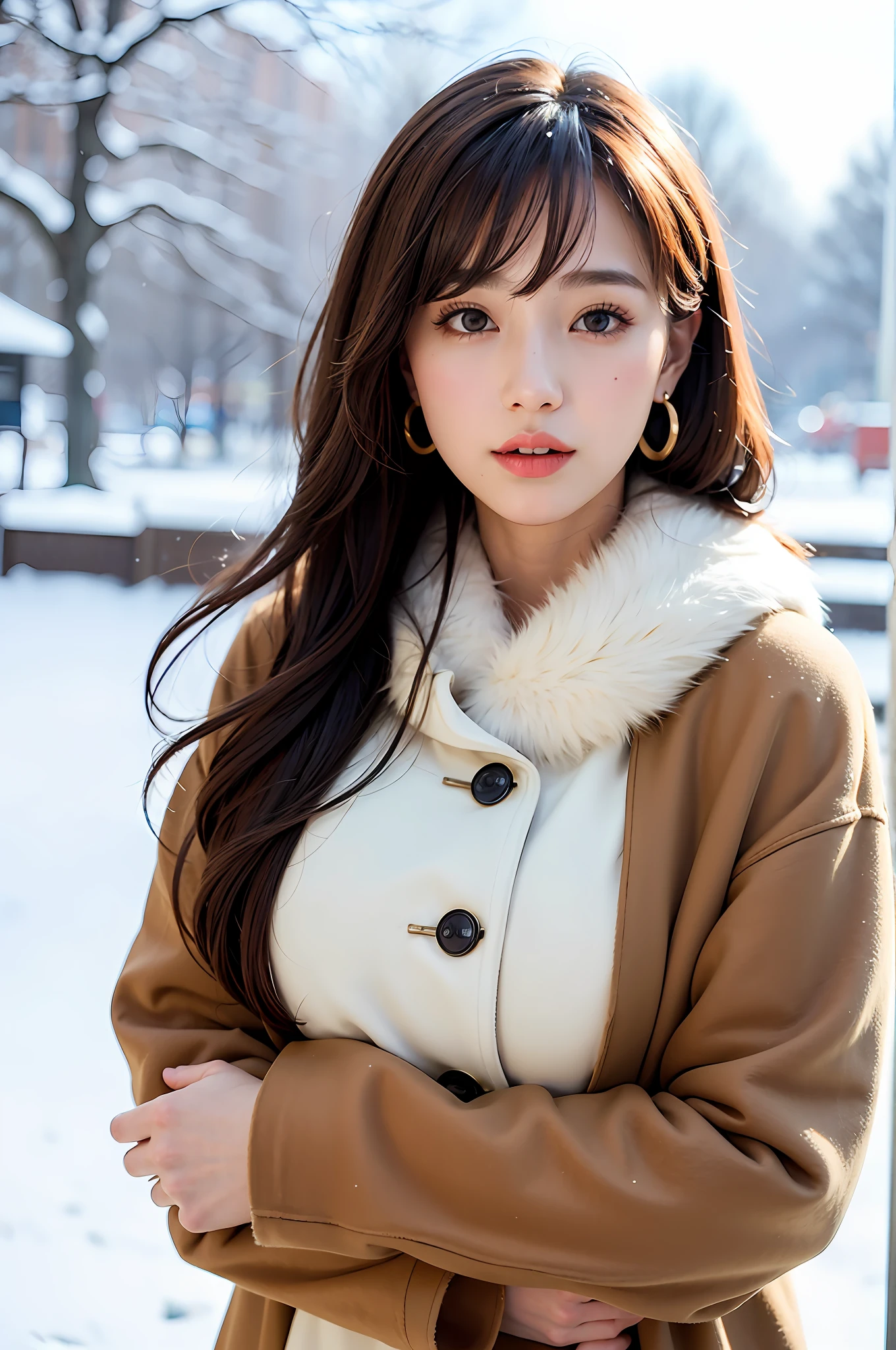 1 girl, bare_tree, brown_eyes, brown_hair, building, coat, cross_earrings, earrings, fur, fur trimmed_coat, fur_collar, fur_scarf, fur_trim, jewelry, lips, shorthair, looking_at_viewer, outdoors, snow, snow, solo, tree, upper_body, Winter, winter_clothes, detailed_eyes,Big breasts, chest close with arms, face facing camera, big, ears out, golden ratio face, golden ratio body, top quality, ultra high definition, bangs, thick bangs