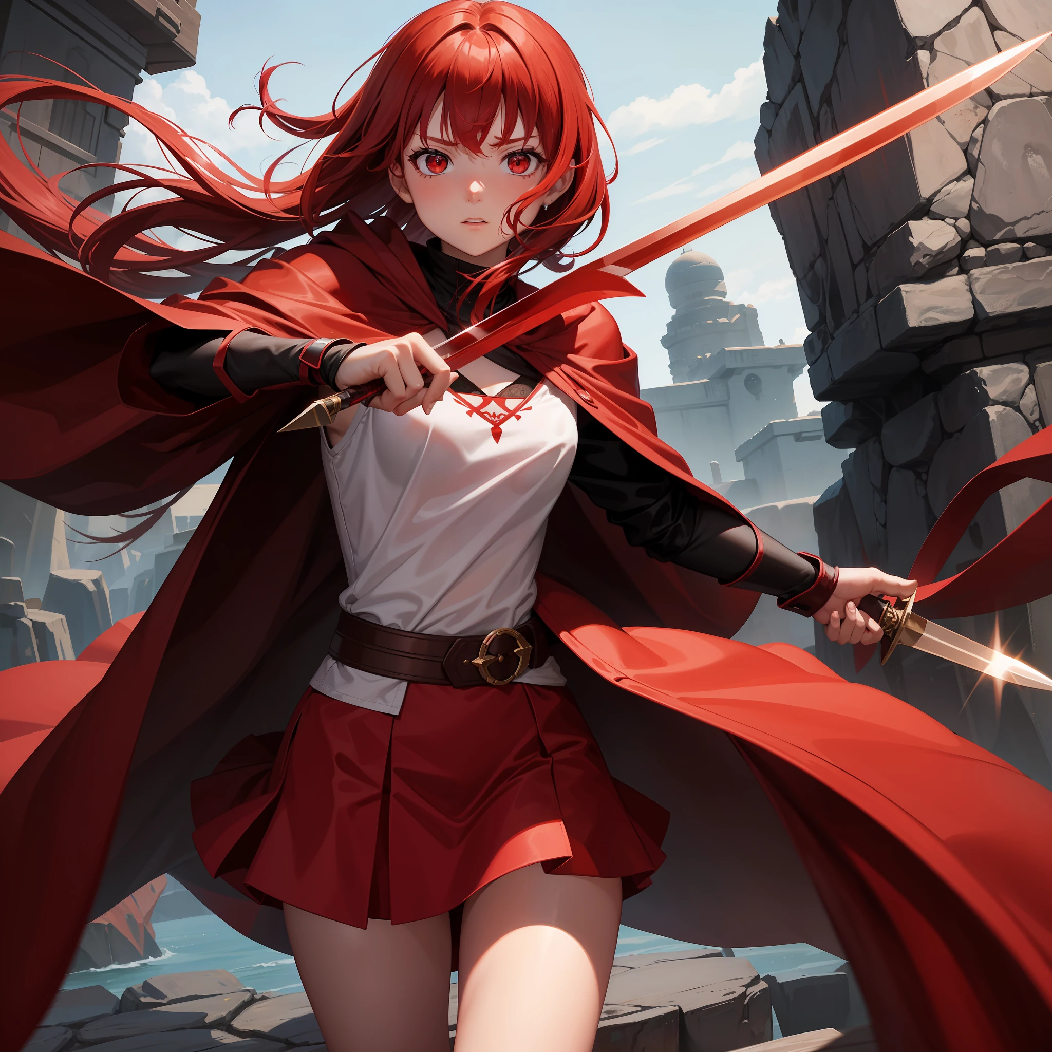 An ***************, red hair and red eyes, is a formidable warrior with her two daggers, she wears a brown robe and clothes are red