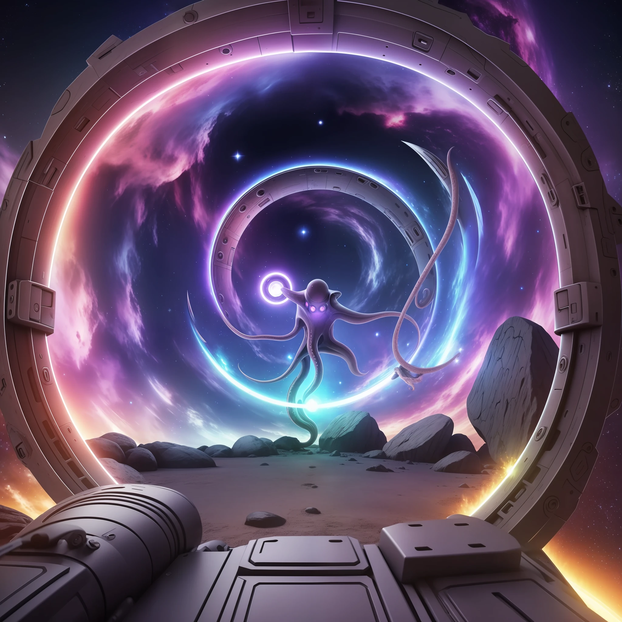 Portal to another world, ultra realistic, 8k, in space, exiting an alien octopus from the portal, strong colors, bright stars, earth as part of the background --auto --s2