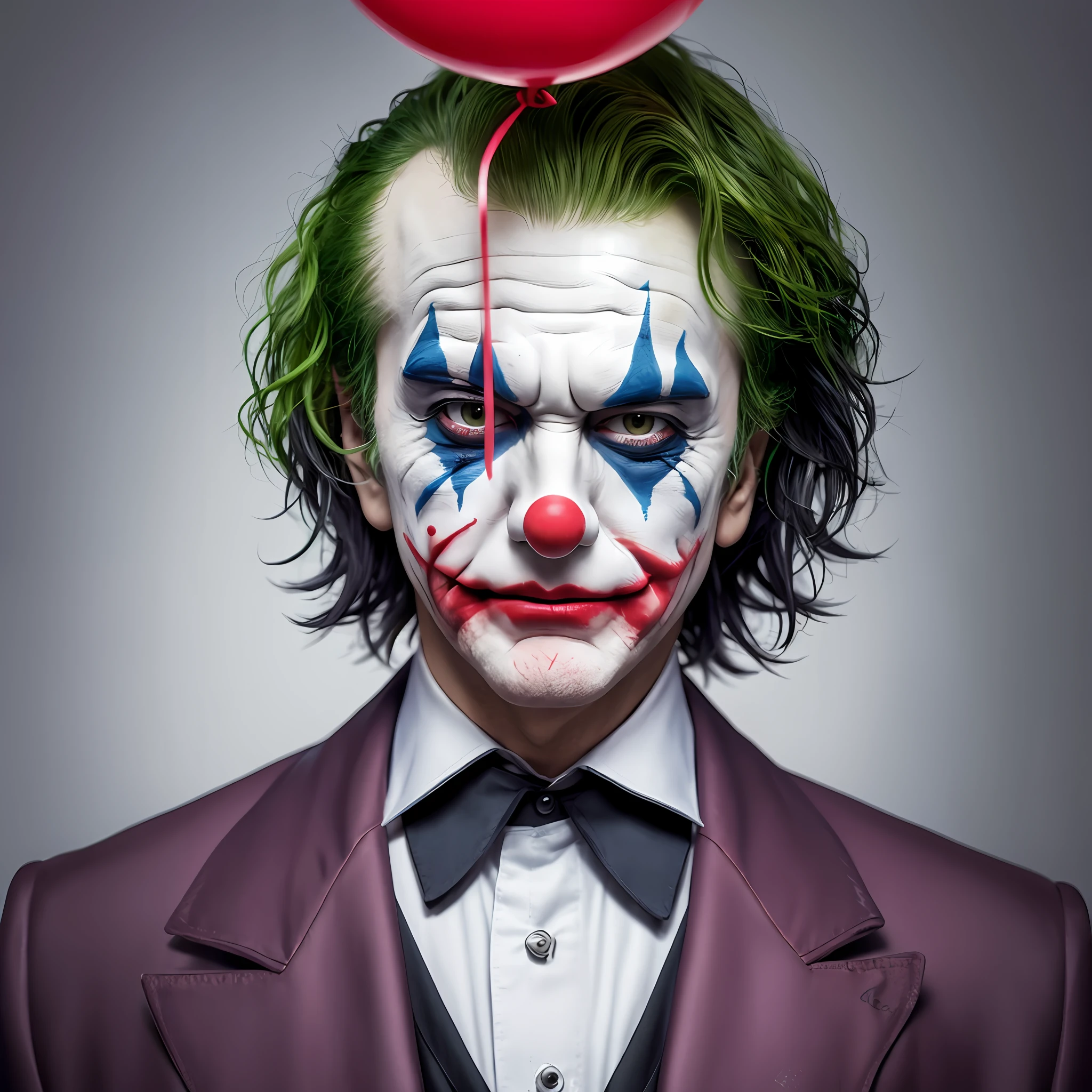 joker combined with it clown holding red balloon super detailed realistic 8k --auto --s2