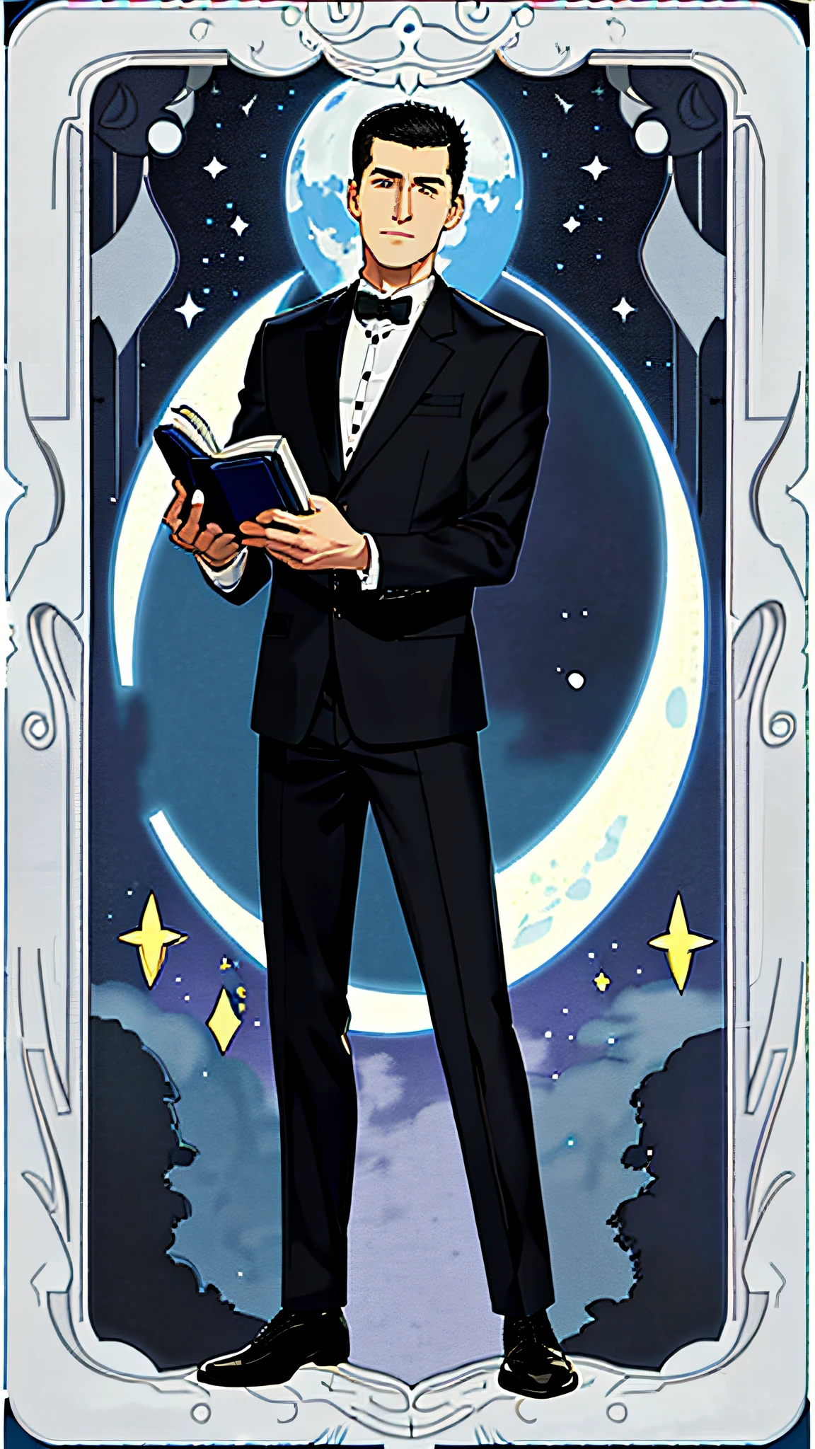 masterpiece, best quality, full body, card, 1 man, the moon, calm, clever, short hair, black hair,  brush cut, standing, blue, night sky, purple, book, pen, buzz cut, black suit, royal, gentle, man, full moon, center, best pose