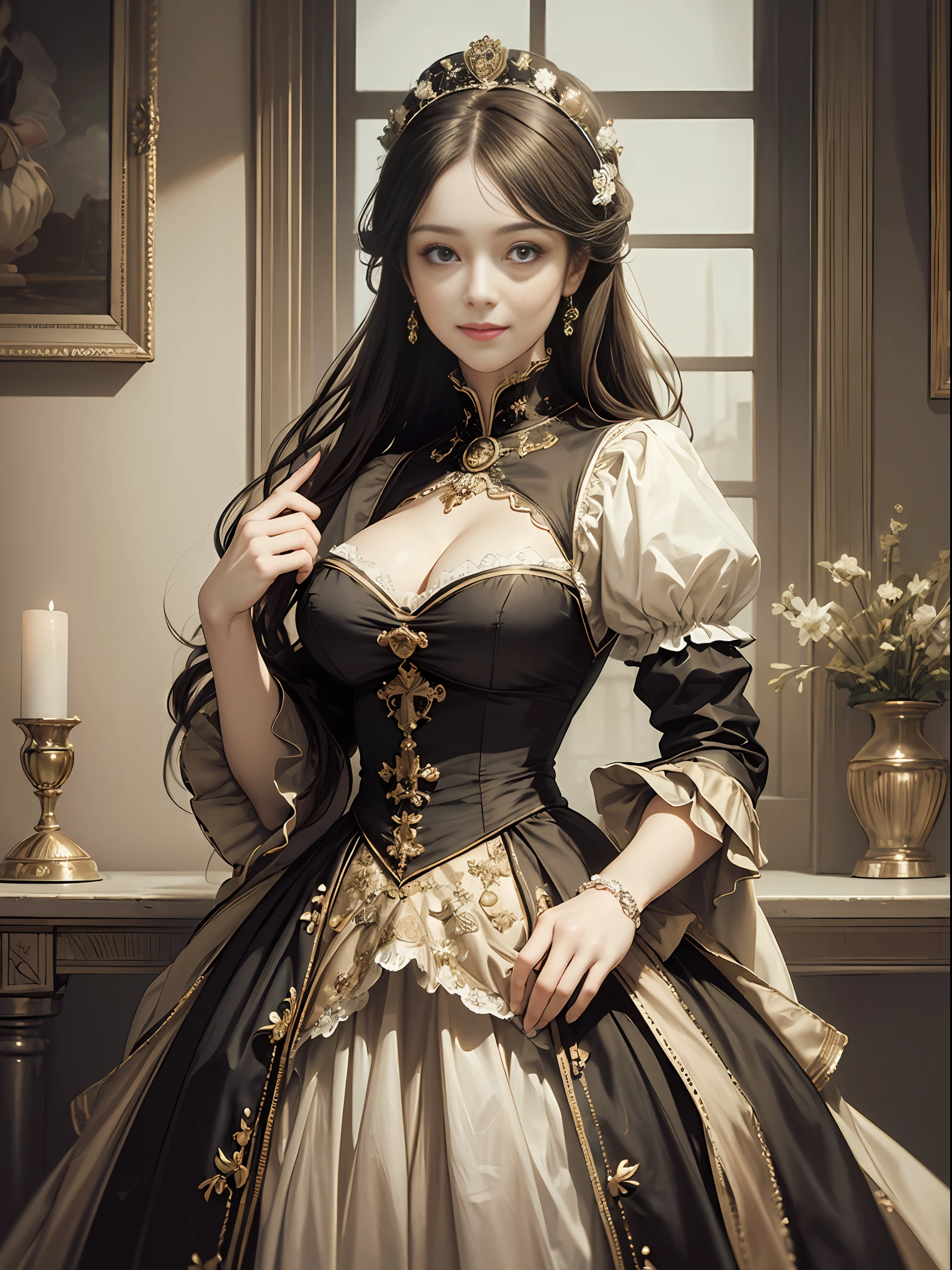 (Pure Color: 0.9), (Color: 1.1), (Masterpiece: 1,2), Top Quality, Masterpiece, High Resolution, Original, Highly Detailed Wallpaper, Beauty, Victorian, Dress, Melancholy, Smile, Big Breasts, Sepia Color, 30 years old --auto --s2
